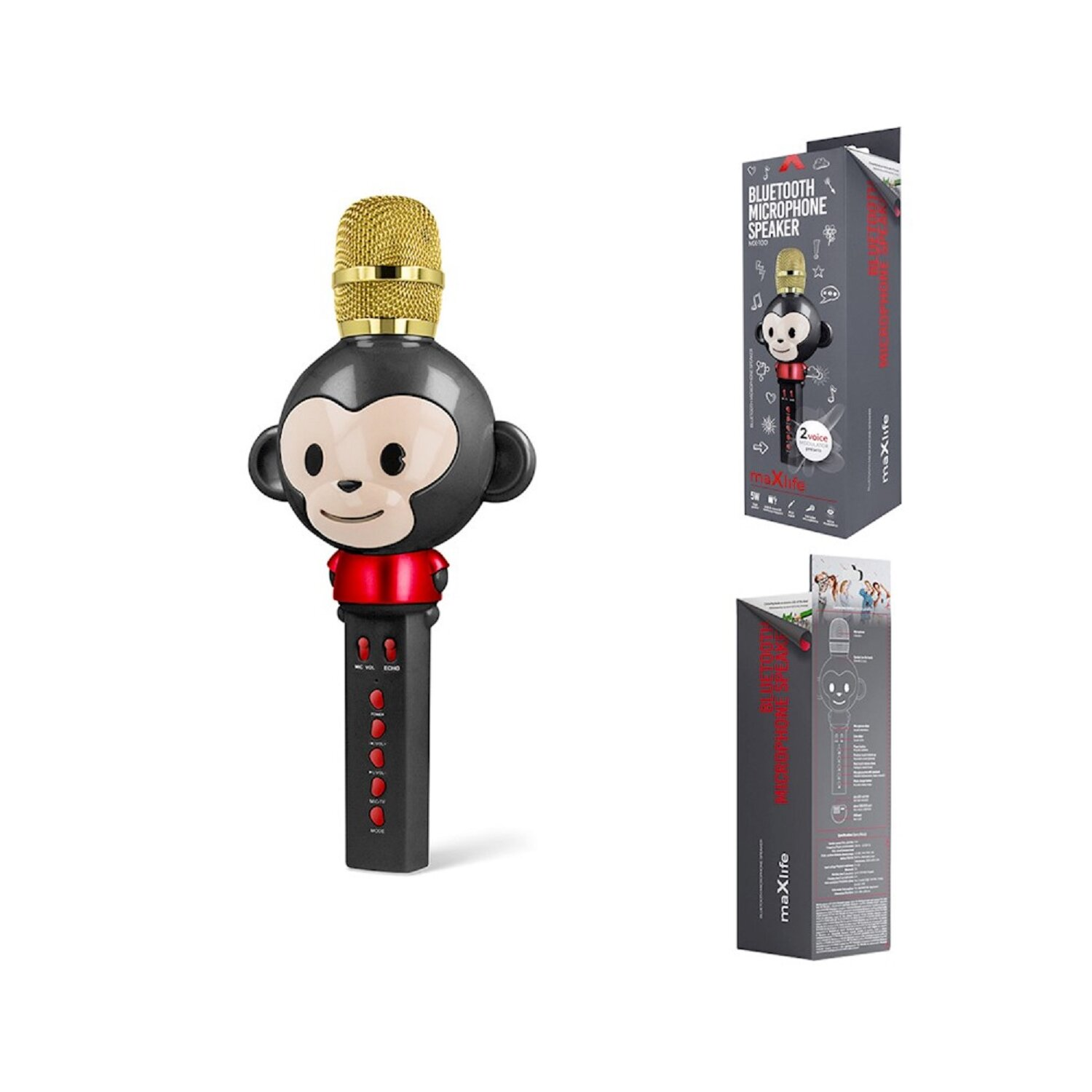 Affenförmiger Bluetooth-Mikrofonlautsprecher mit Verpackung, weißer Hintergrund.