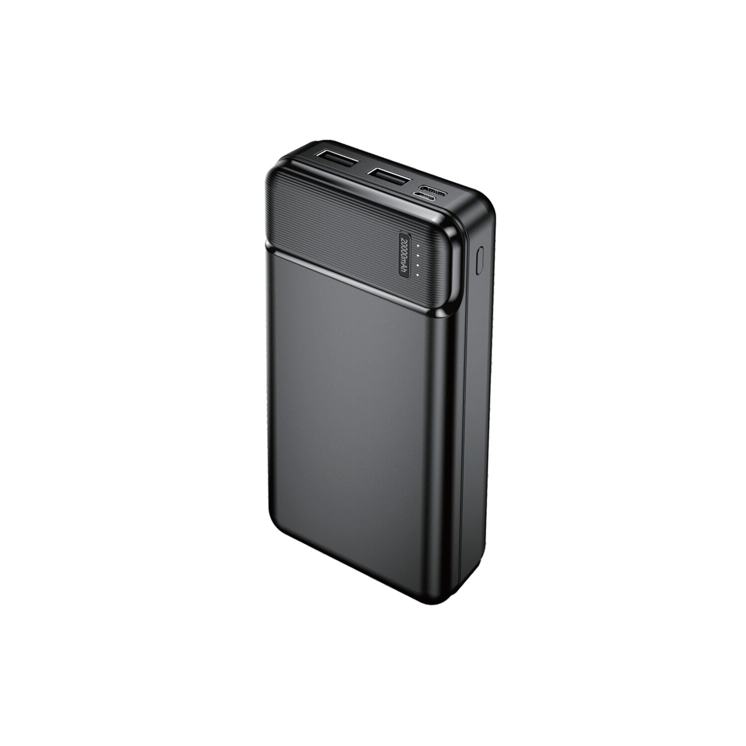 Eine schwarze Powerbank mit zwei USB-Anschlüssen, freigestellt, Seitenansicht.