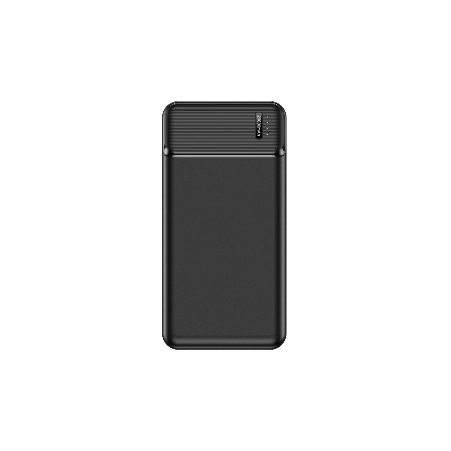 Schwarze Powerbank mit kleinem Display, zeigt 20000mAh.