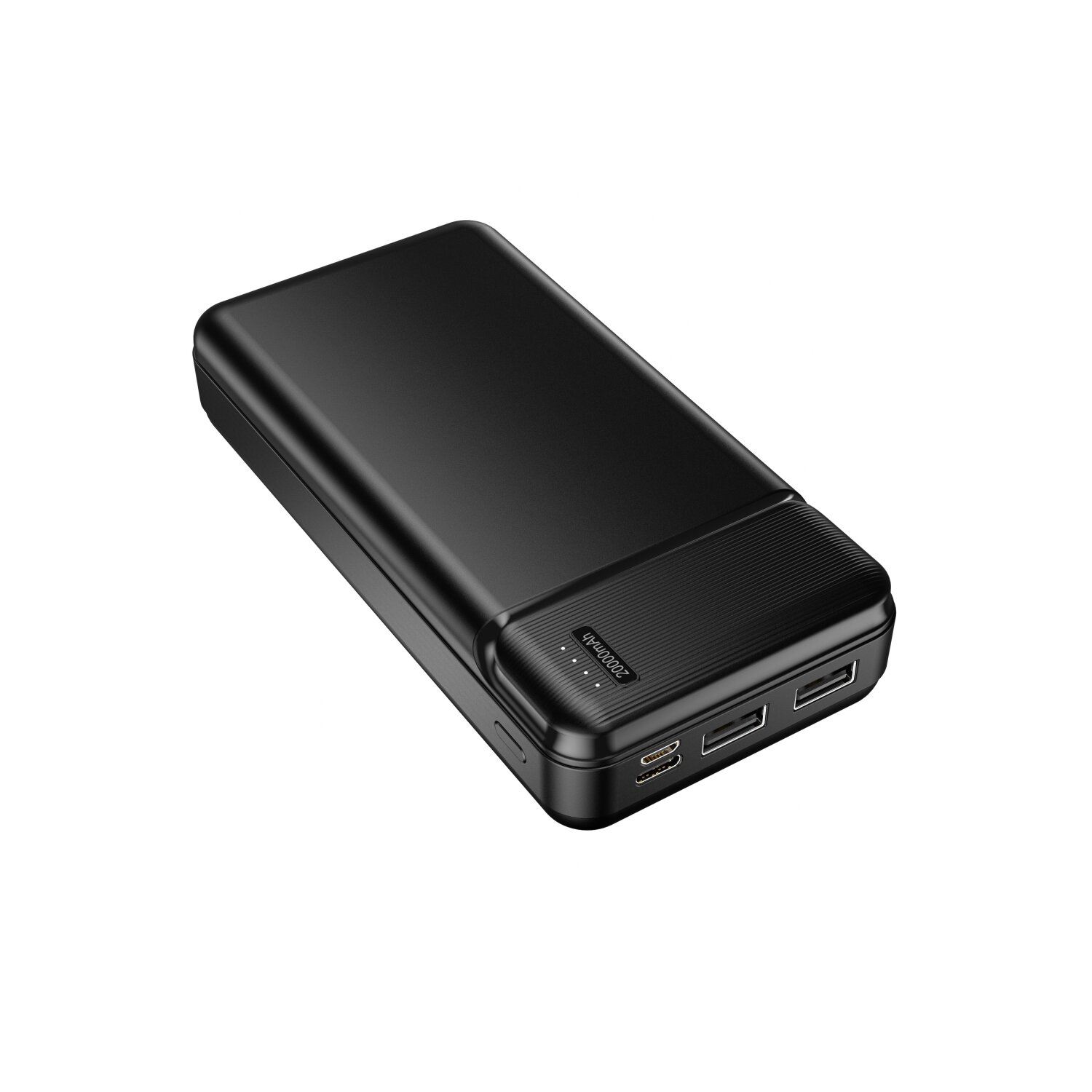 Schwarze Powerbank mit mehreren USB-Anschlüssen und Ladeanzeigen.