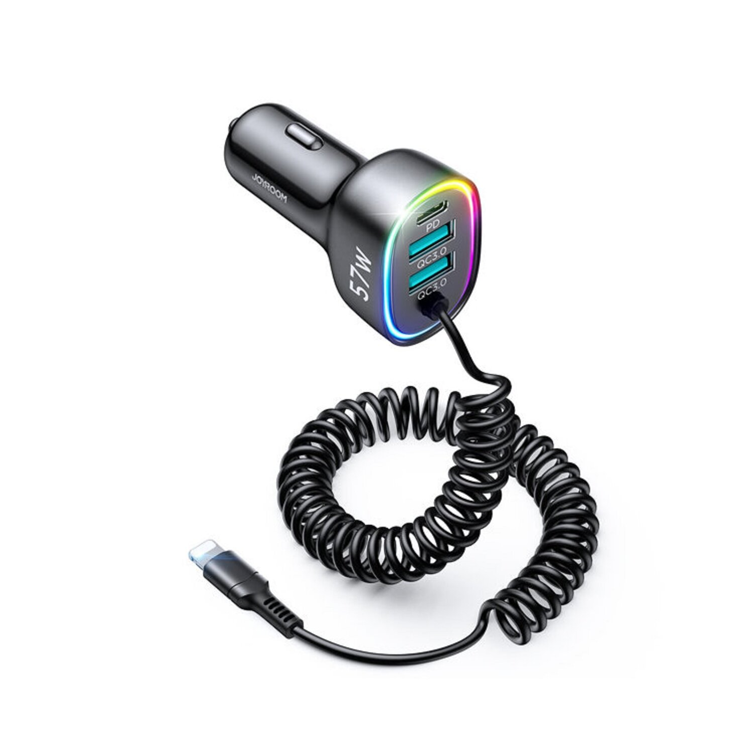 Czarna ładowarka samochodowa ze zwiniętym kablem i złączem USB-C. Posiada wiele portów USB.