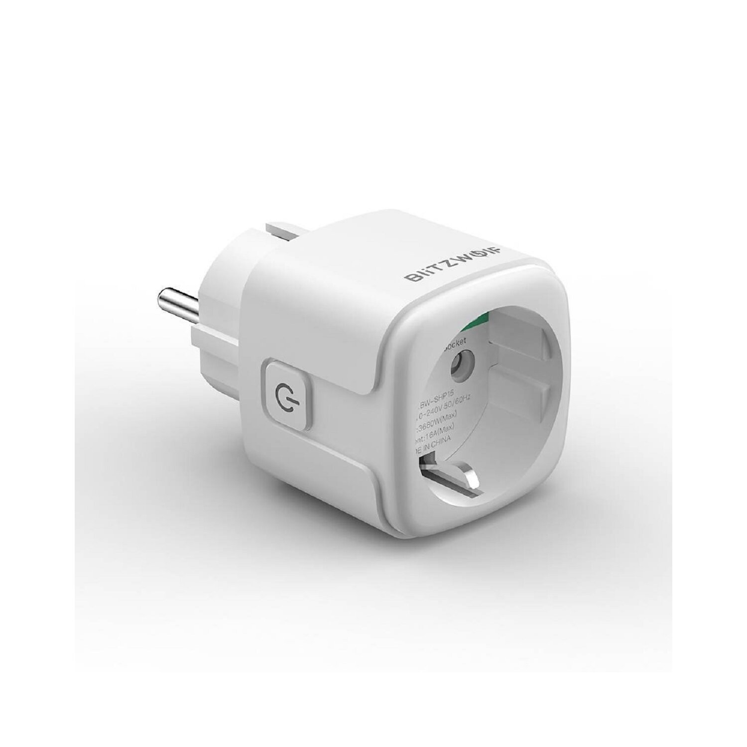 Weißer Smart-Stecker mit Ein-/Aus-Taste und Steckdose für Standardstecker.