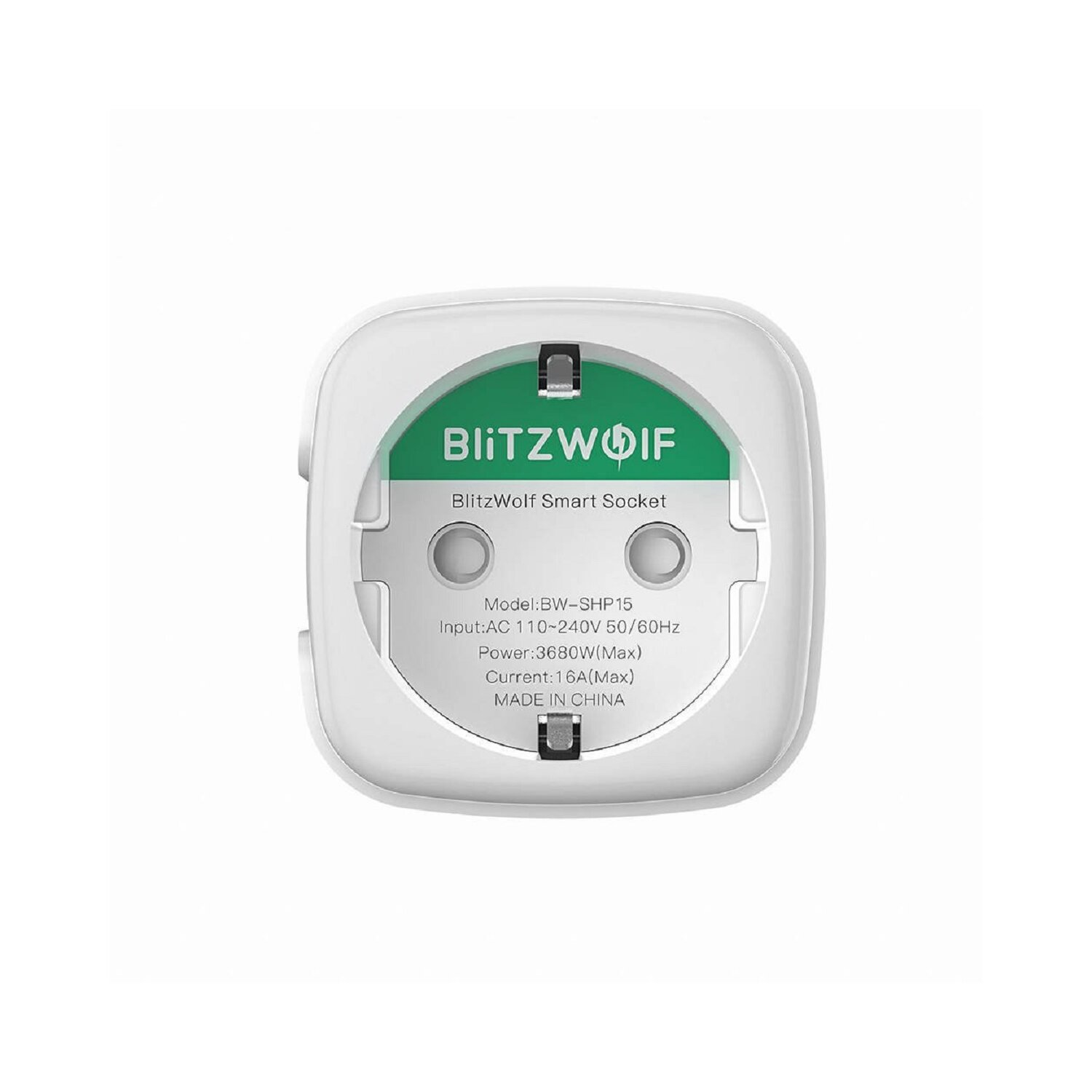 Weißer Smart-Socket mit Text: "BlitzWolf Smart Socket" und Produktspezifikationen.