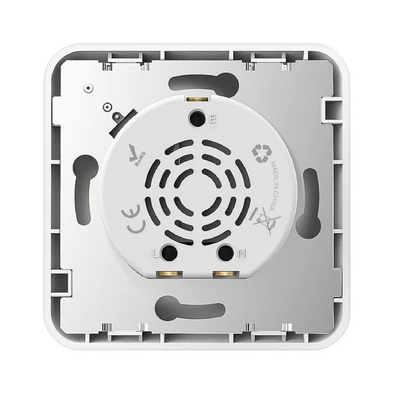 Rückseite eines weißen Lichtschalters. Ein kreisförmiges Modul in der Mitte, mit Anschlüssen.