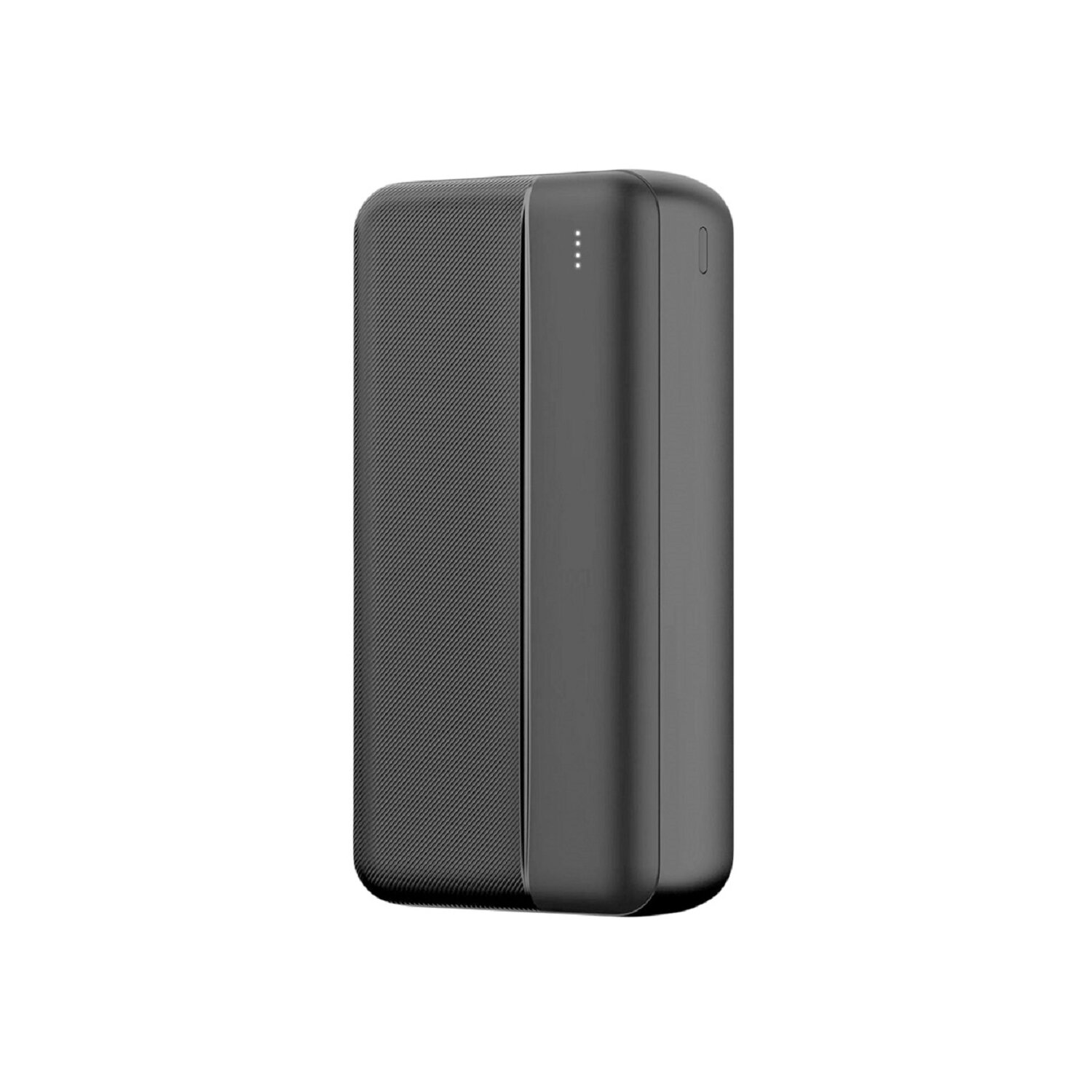 Power bank nero con pannello frontale strutturato, con indicatori bianchi.