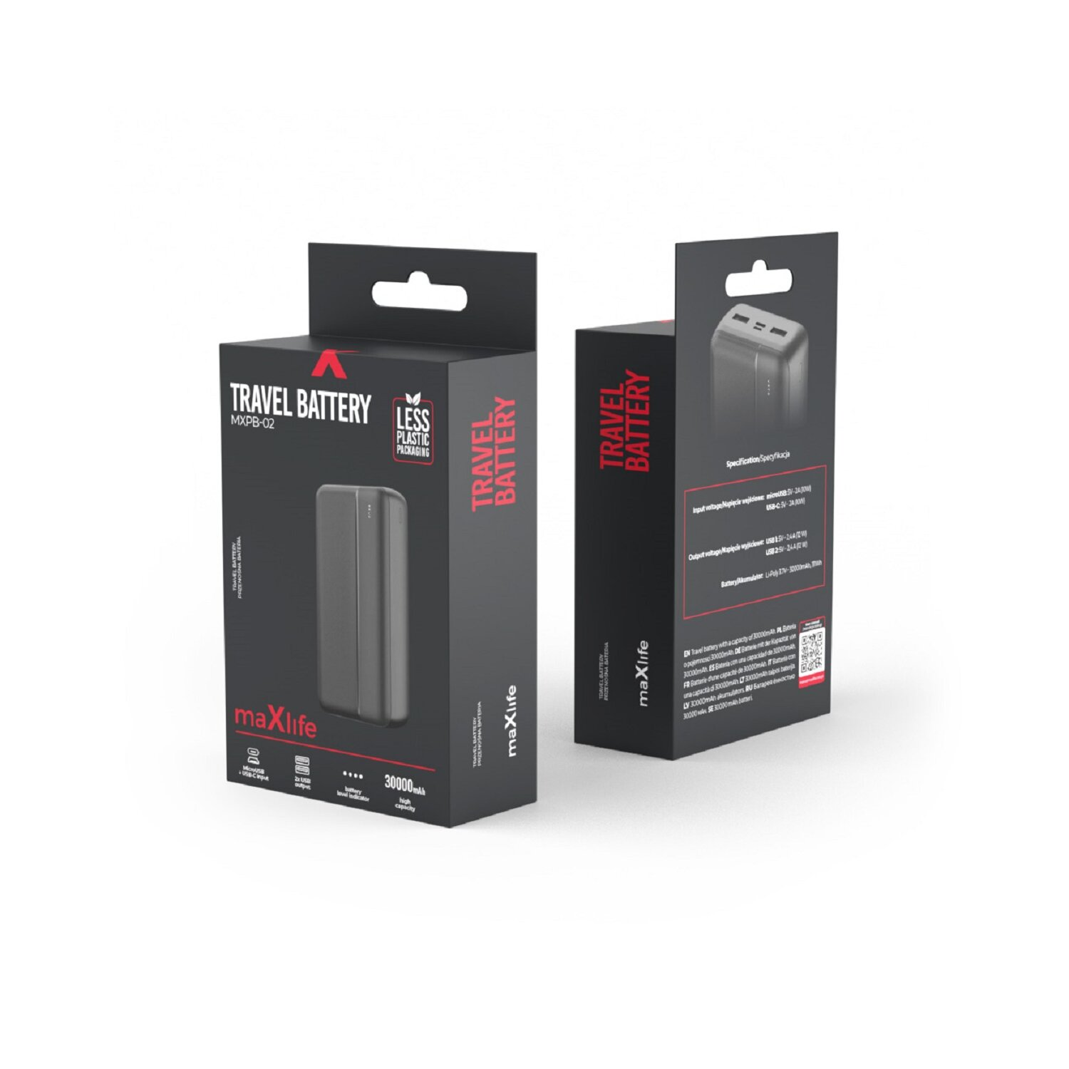 Due scatole di power bank nere e grigie. Una scatola ha un power bank all'interno. Sfondo bianco.