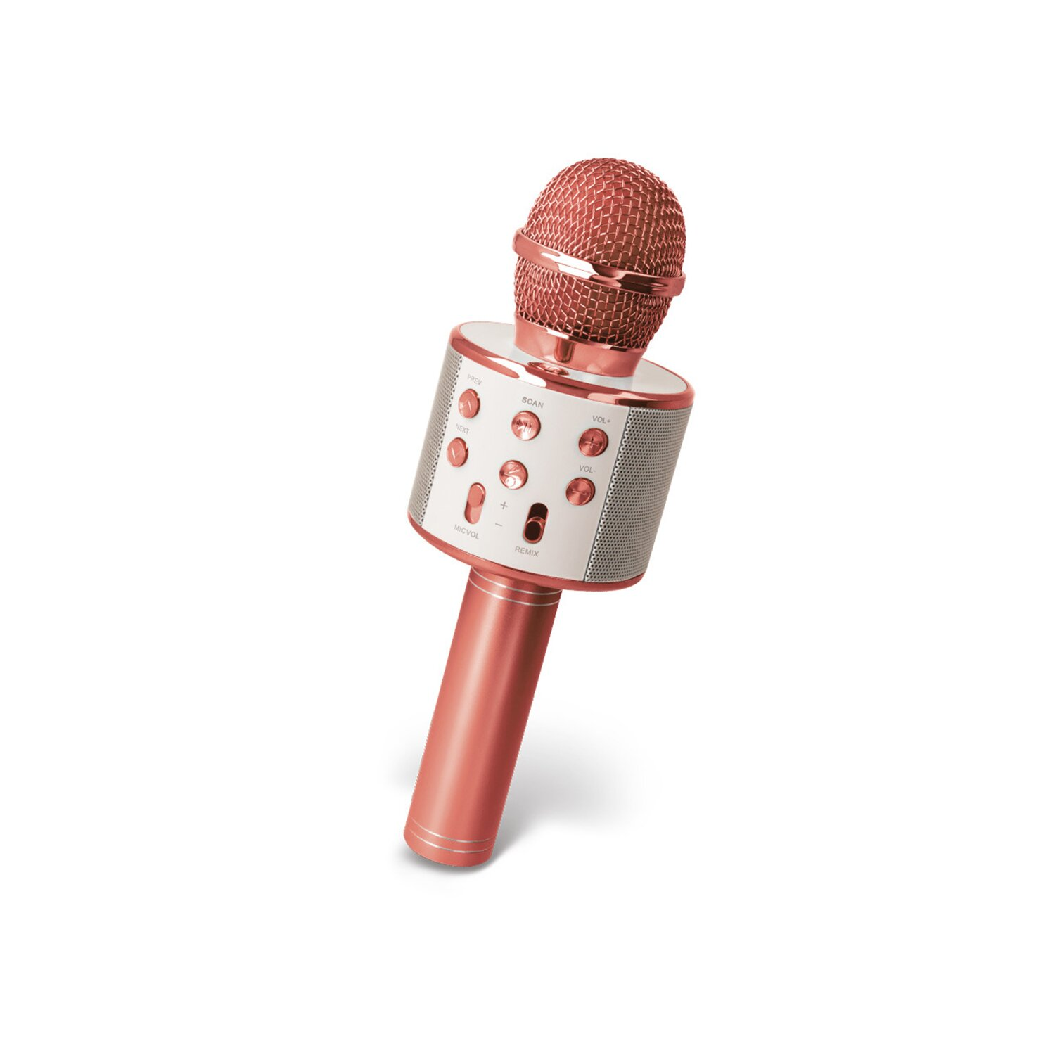 Ein roségoldenes Mikrofon mit Knöpfen und einem Mesh-Top auf weißem Hintergrund.