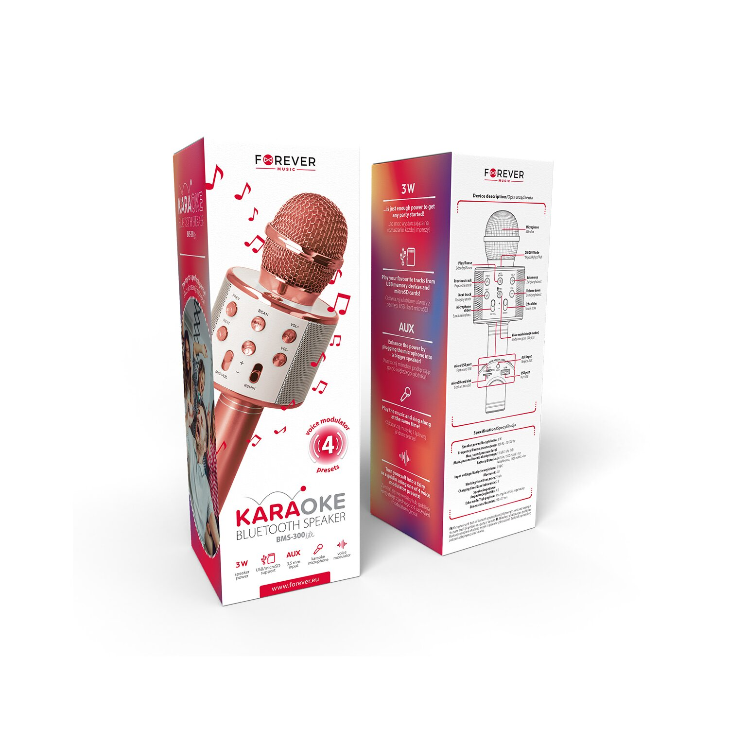 Eine Karaoke-Lautsprecherbox mit Mikrofon, in Roségold gehalten.