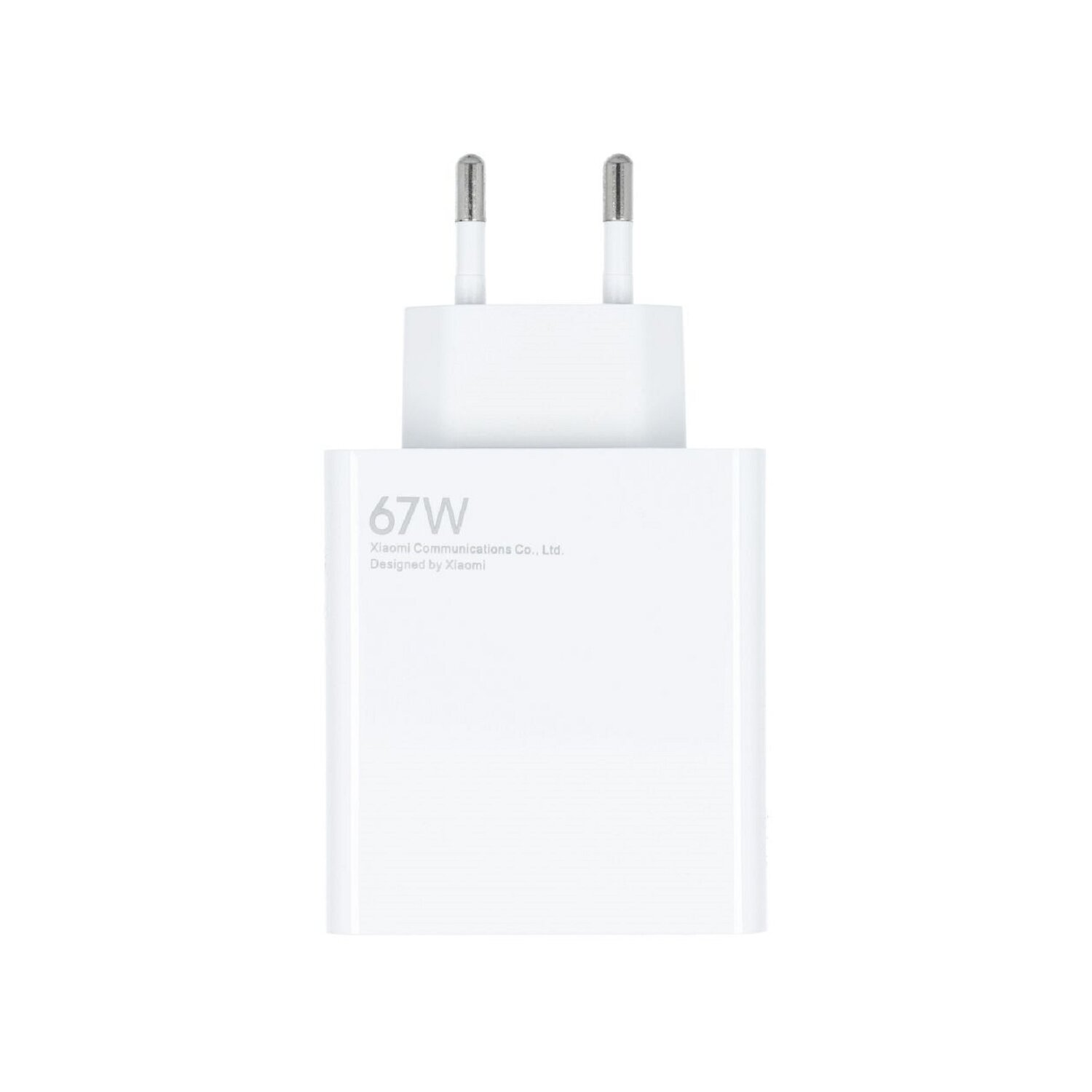 Ein weißes 67W Xiaomi-Ladegerät mit zwei Stiften auf weißem Hintergrund. Xiaomi-Logo vorhanden.