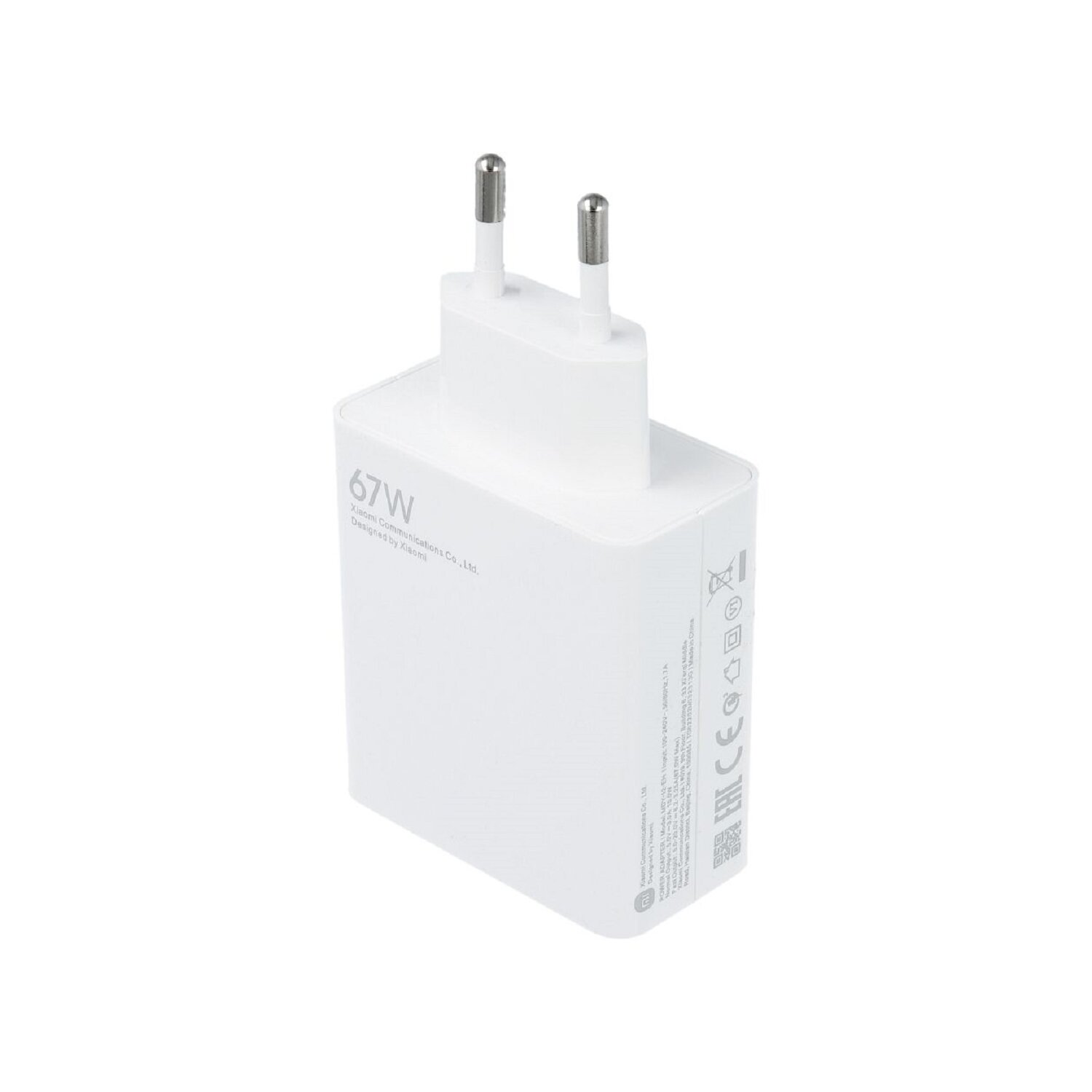 Ein weißes Ladegerät mit zwei Stiften. Es hat '67W' und 'Designed by Xiaomi' aufgedruckt.