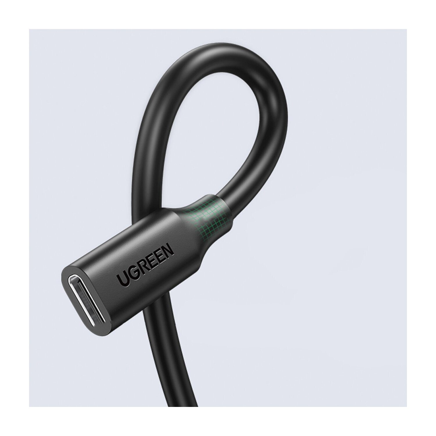 Czarny kabel USB-C UGREEN, zwinięty. Kabel ma szare złącze.