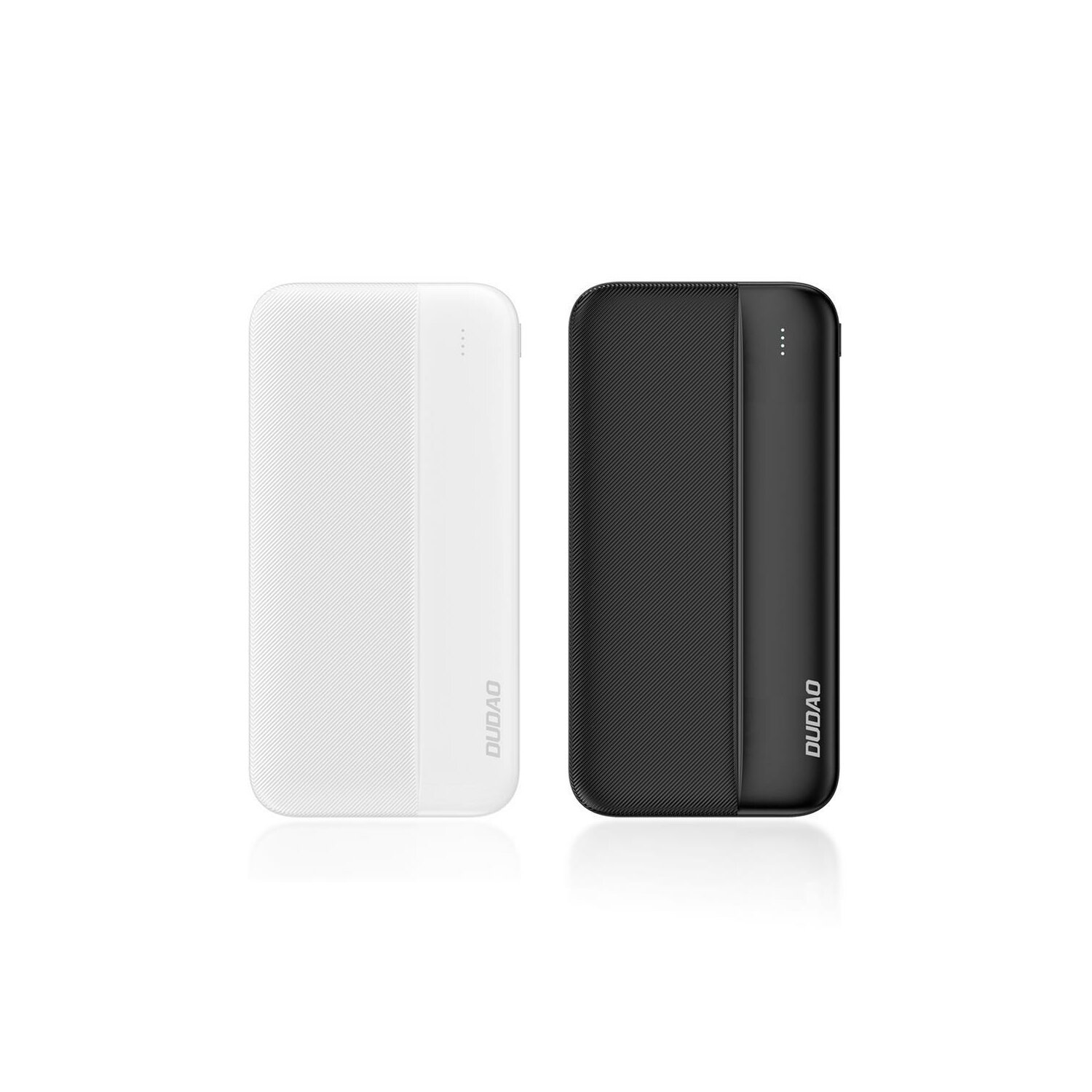 Zwei Powerbanks, weiß und schwarz, mit schlankem Design, auf weißer Oberfläche.