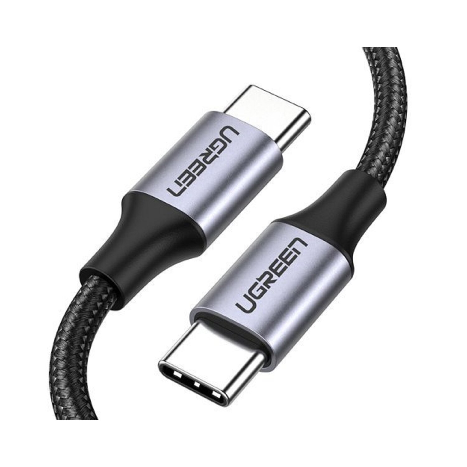 Dwa kable USB-C UGREEN, szare złącza, czarny pleciony kabel i białe tło.