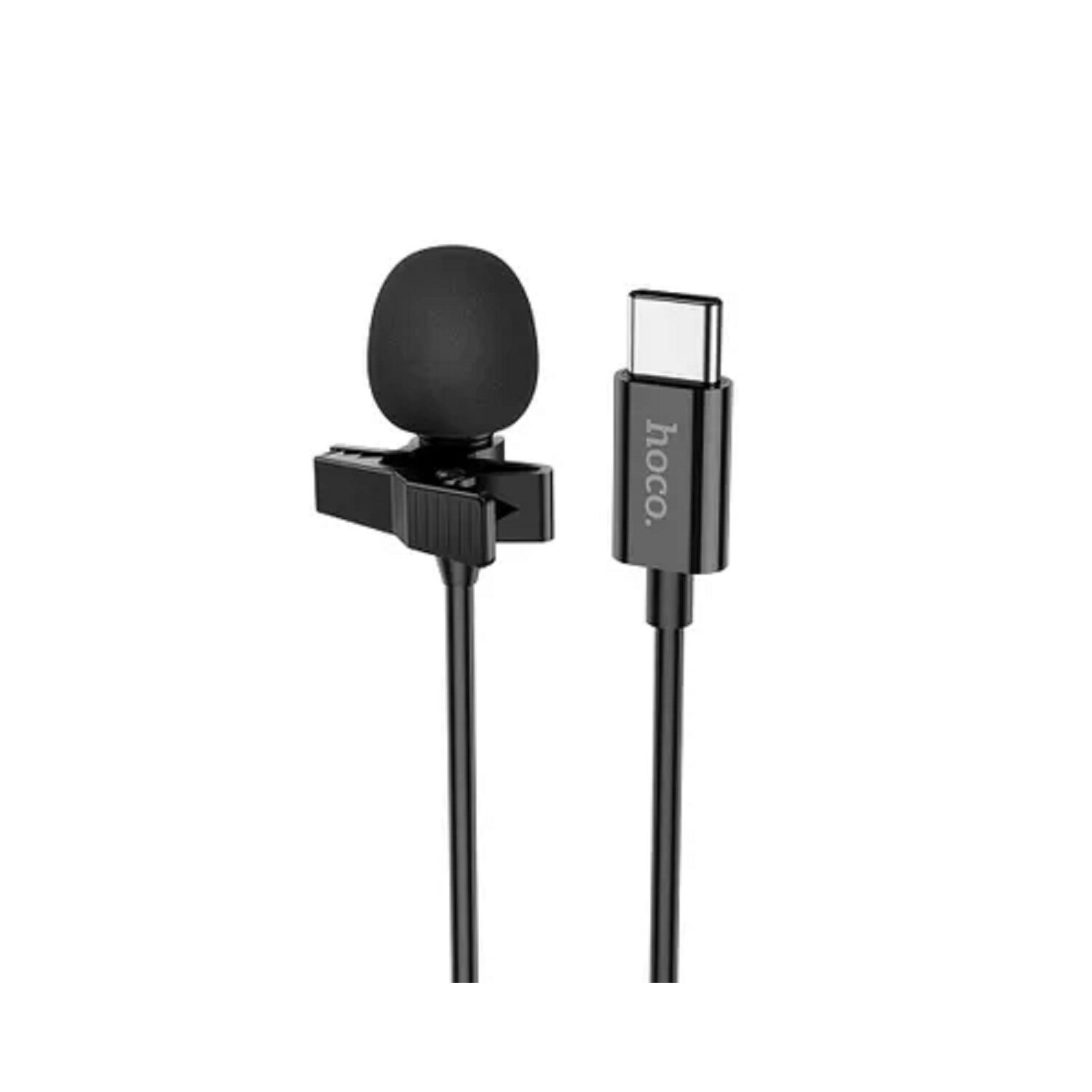 Schwarzes Ansteckmikrofon und USB-C-Anschluss auf weißem Hintergrund.