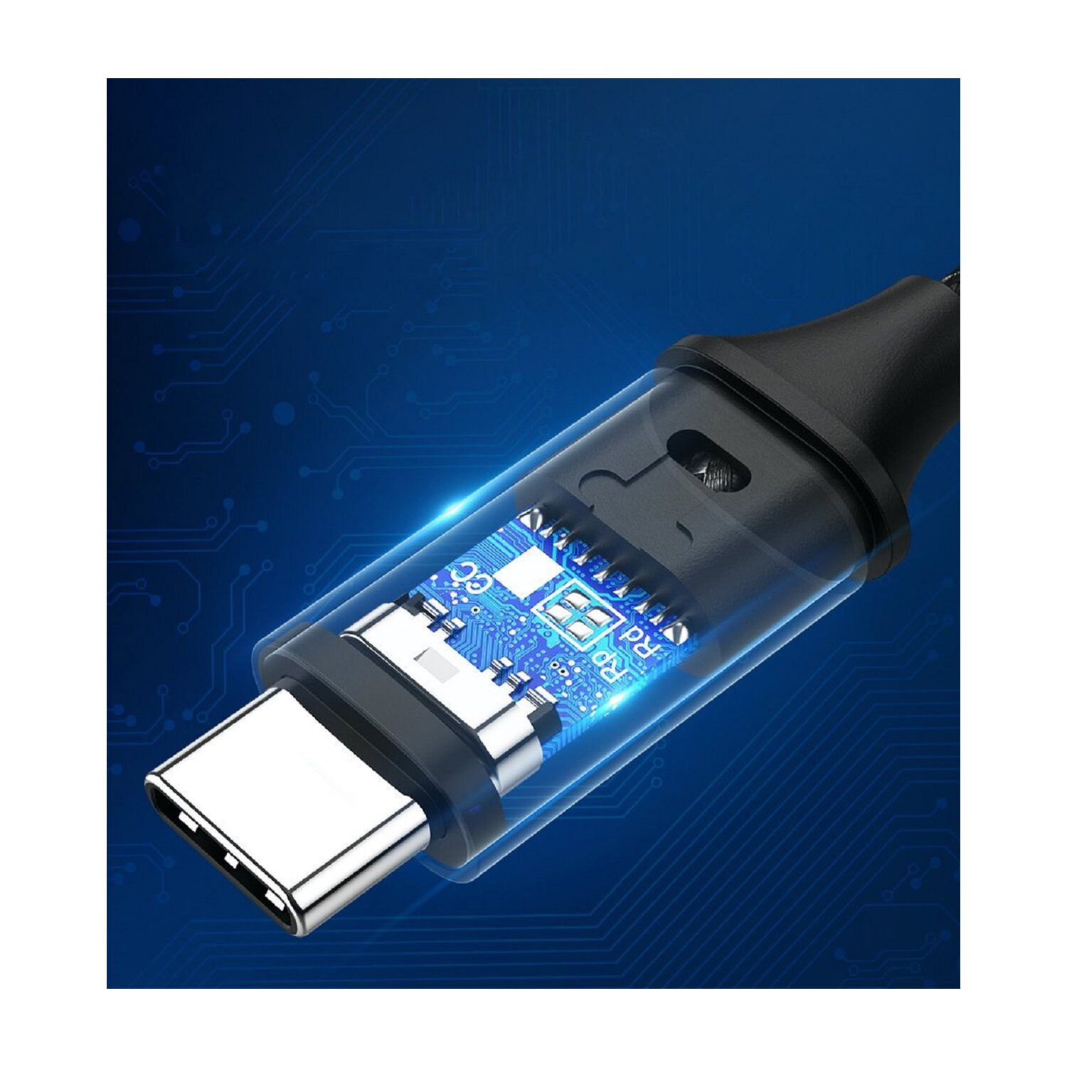 Złącze kabla USB-C z przezroczystym przekrojem pokazującym elementy wewnętrzne.