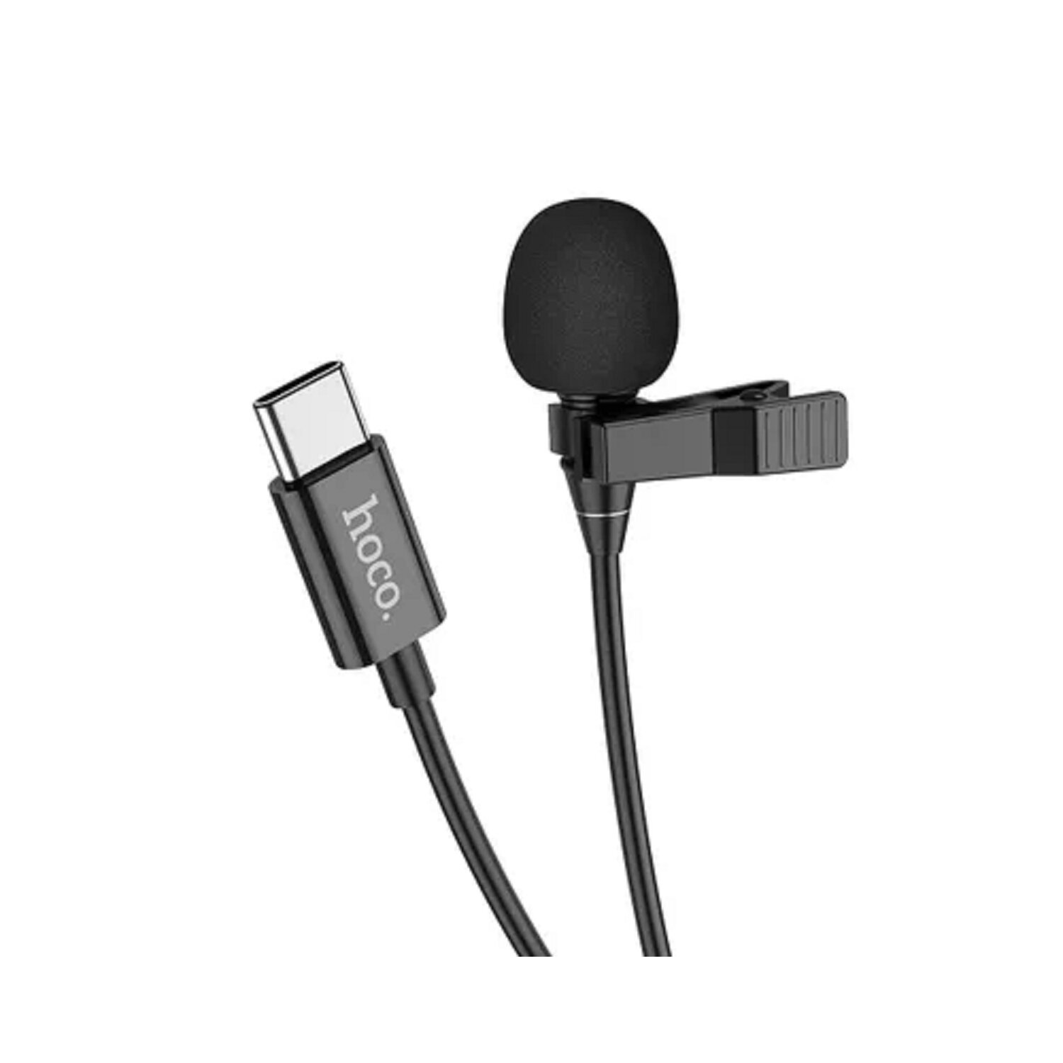 Ein schwarzes Mikrofon mit USB-C-Anschluss und Clip auf weißem Hintergrund.