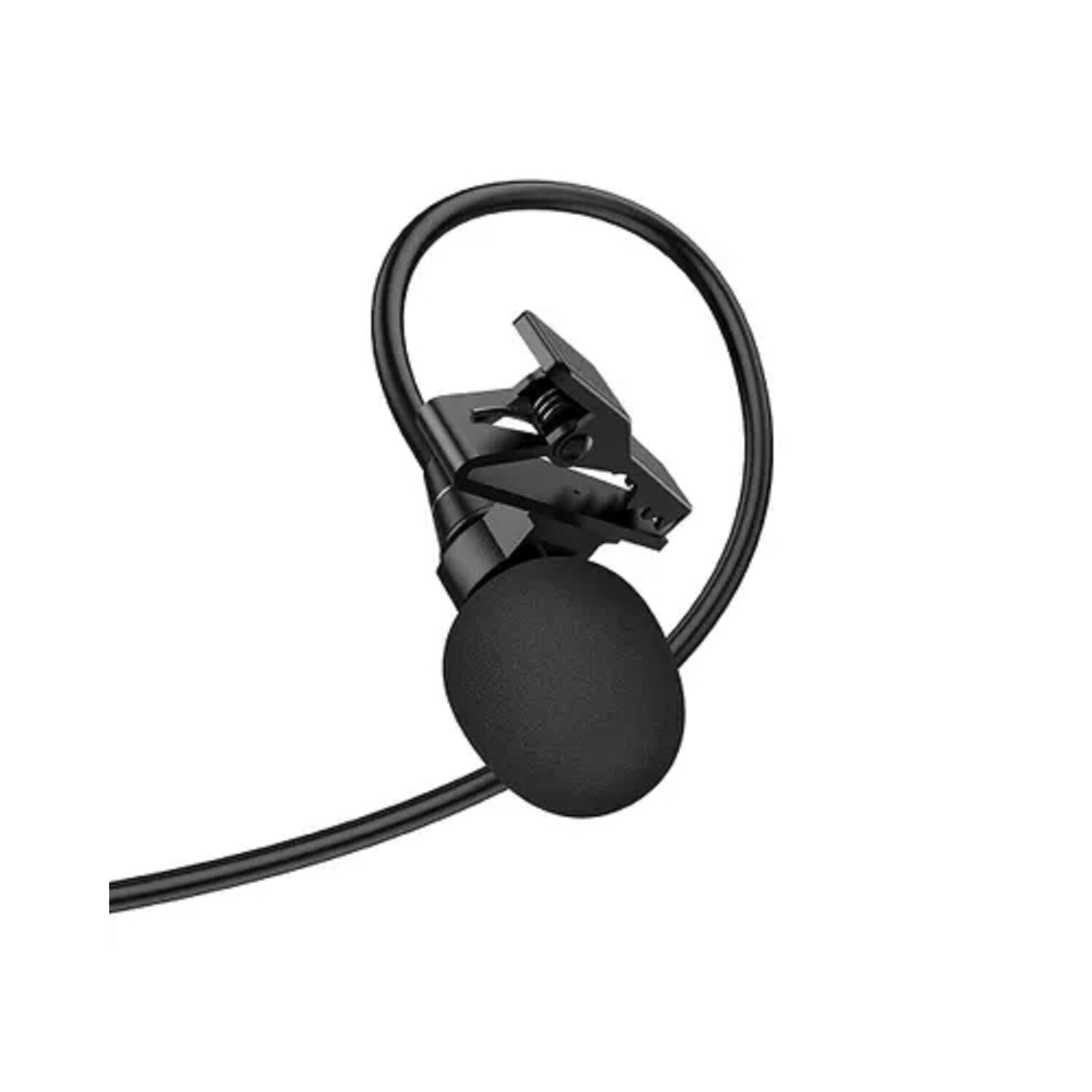 Ein schwarzes Headset-Mikrofon mit Clip.