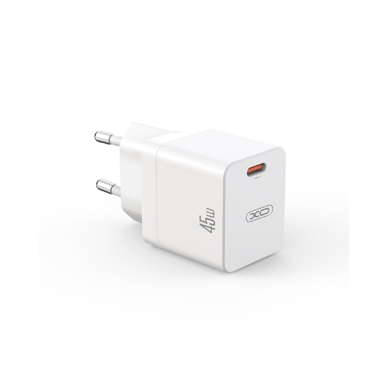 Ein weißes 45-W-Ladegerät mit USB-C-Anschluss. Es hat ein schwarzes Logo und zwei Stifte.