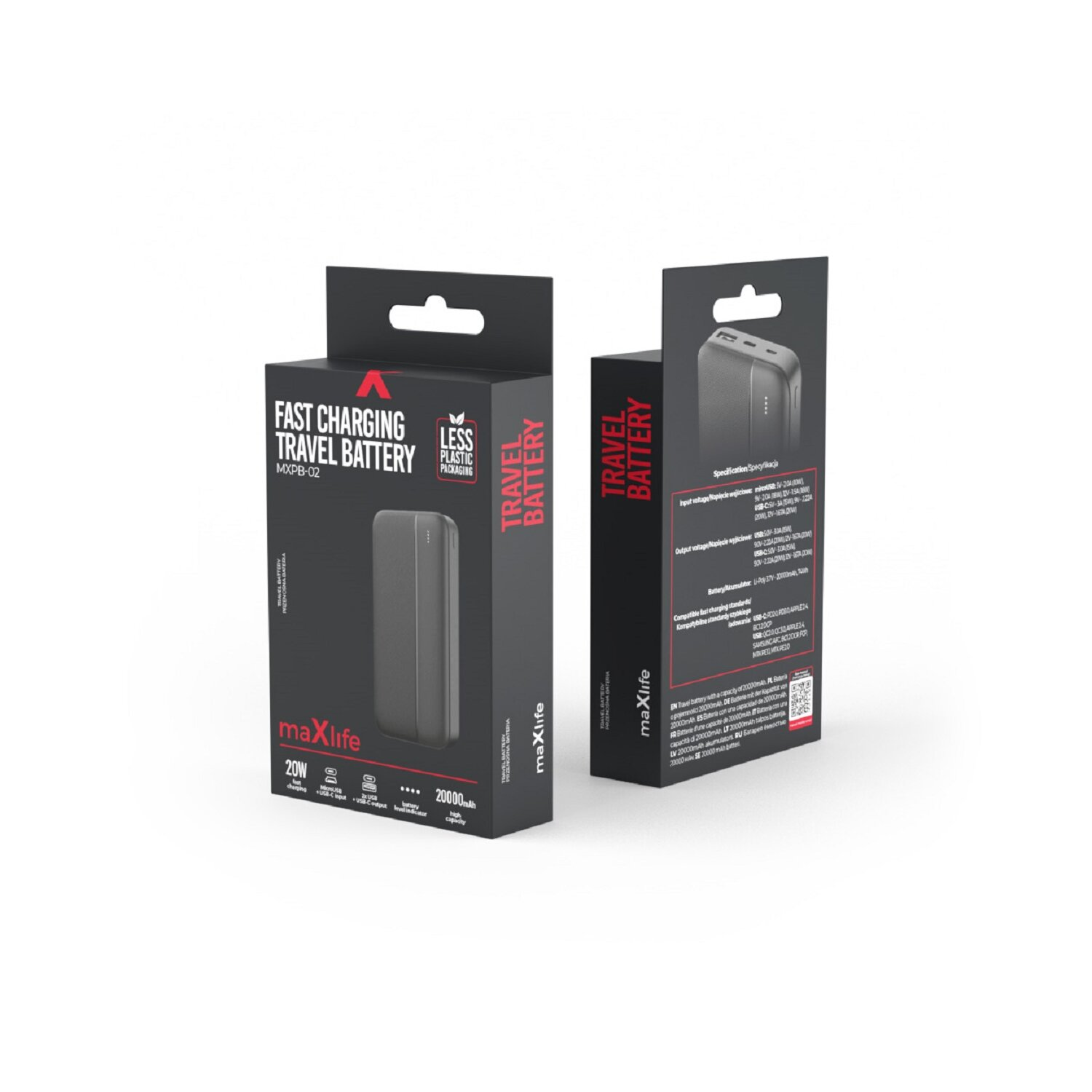 Zwei schwarze und graue Reisebatterieboxen mit Text und Bildern.