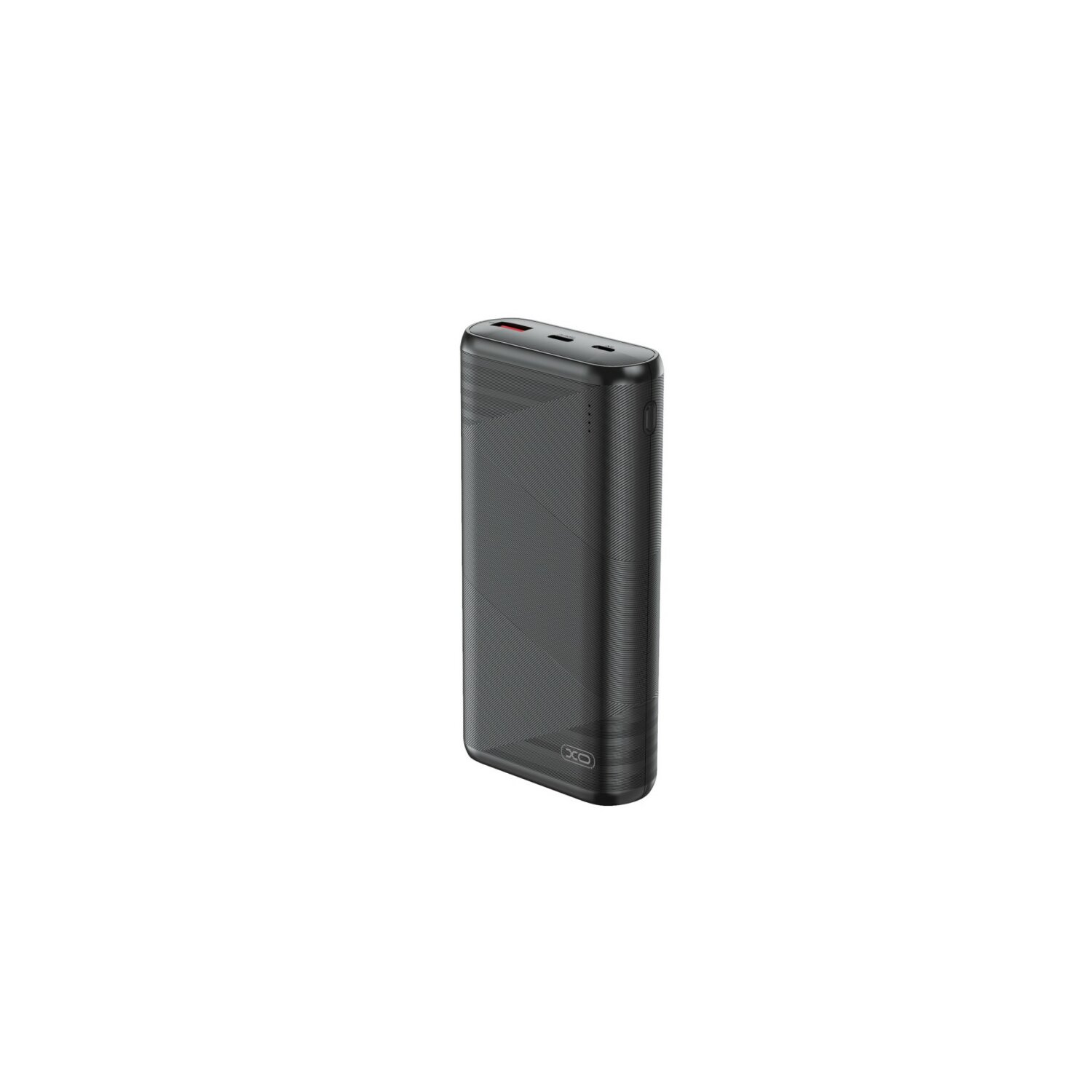 Eine schwarze Powerbank mit roter Power-Taste. Weißer Hintergrund.