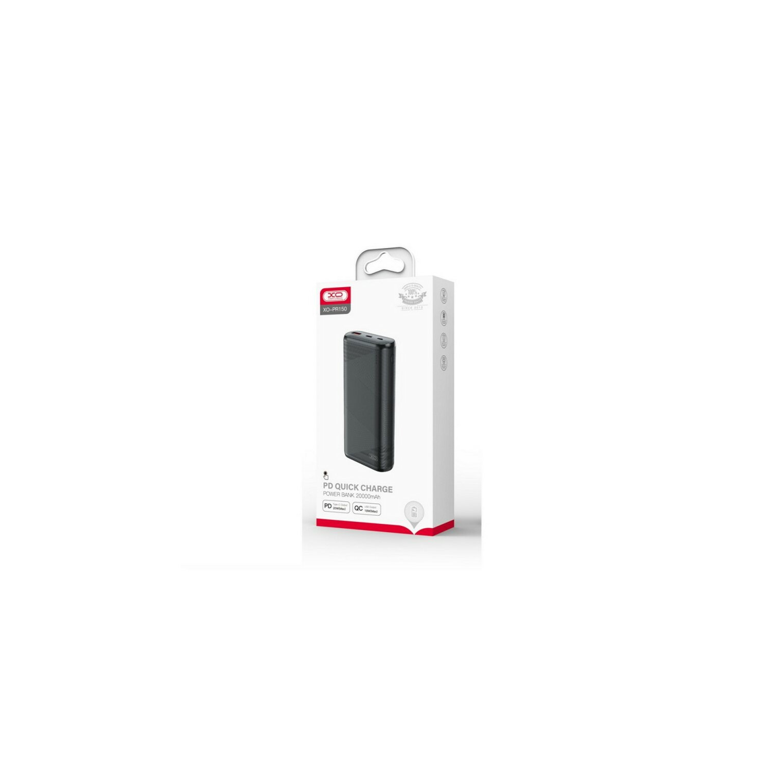 Schwarze Powerbank in weißer Schachtel mit Produktinformationen auf weißem Hintergrund.