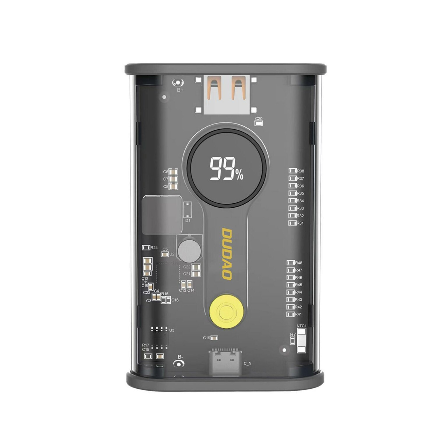 Eine transparente Powerbank mit digitaler Anzeige, die 99 % anzeigt, und dem Markennamen DUDAO.