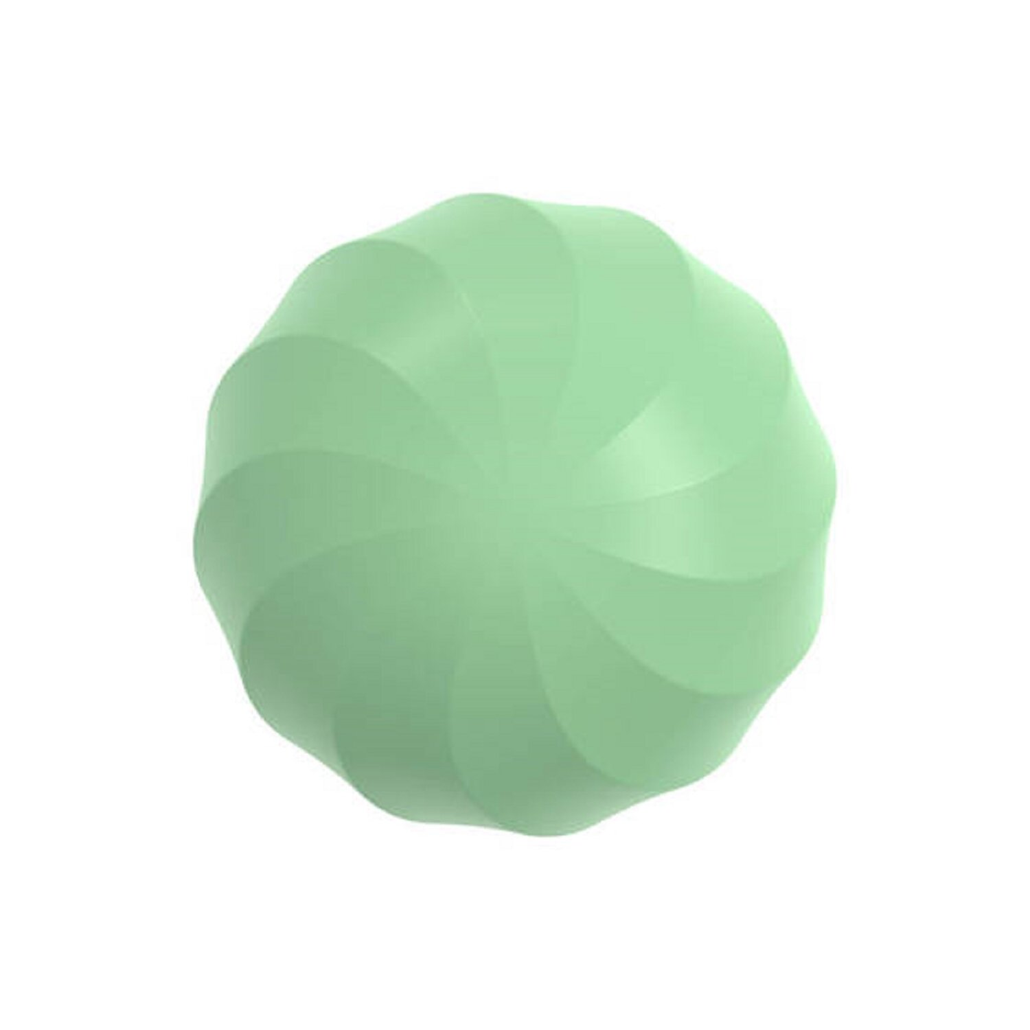 Ein kugelförmiges grünes Objekt mit spiralförmigen Linien. Draufsicht auf weißem Hintergrund.
