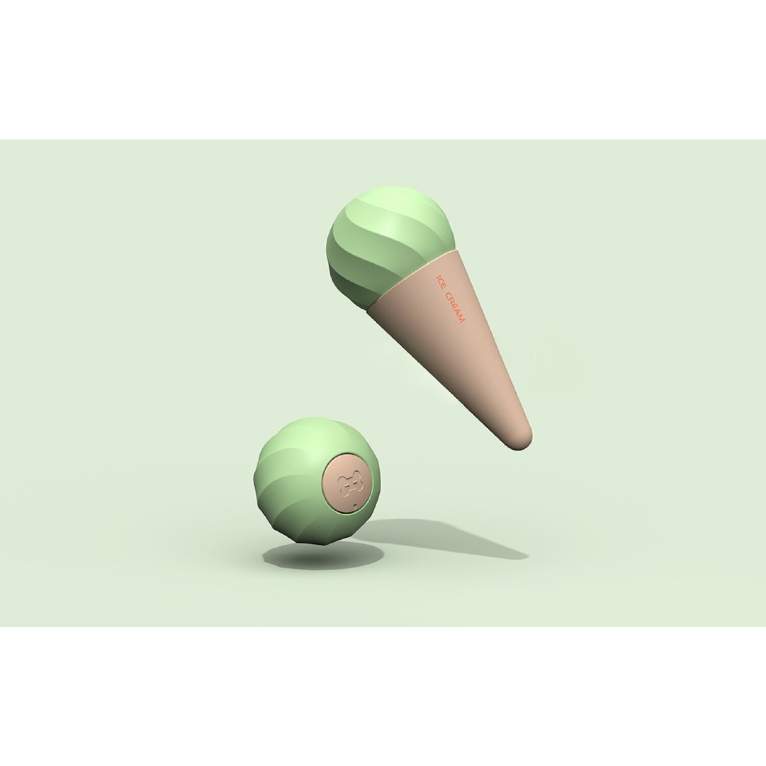 Ein eiscremeförmiger Lautsprecher und ein separater kugelförmiger Lautsprecher auf grünem Hintergrund.