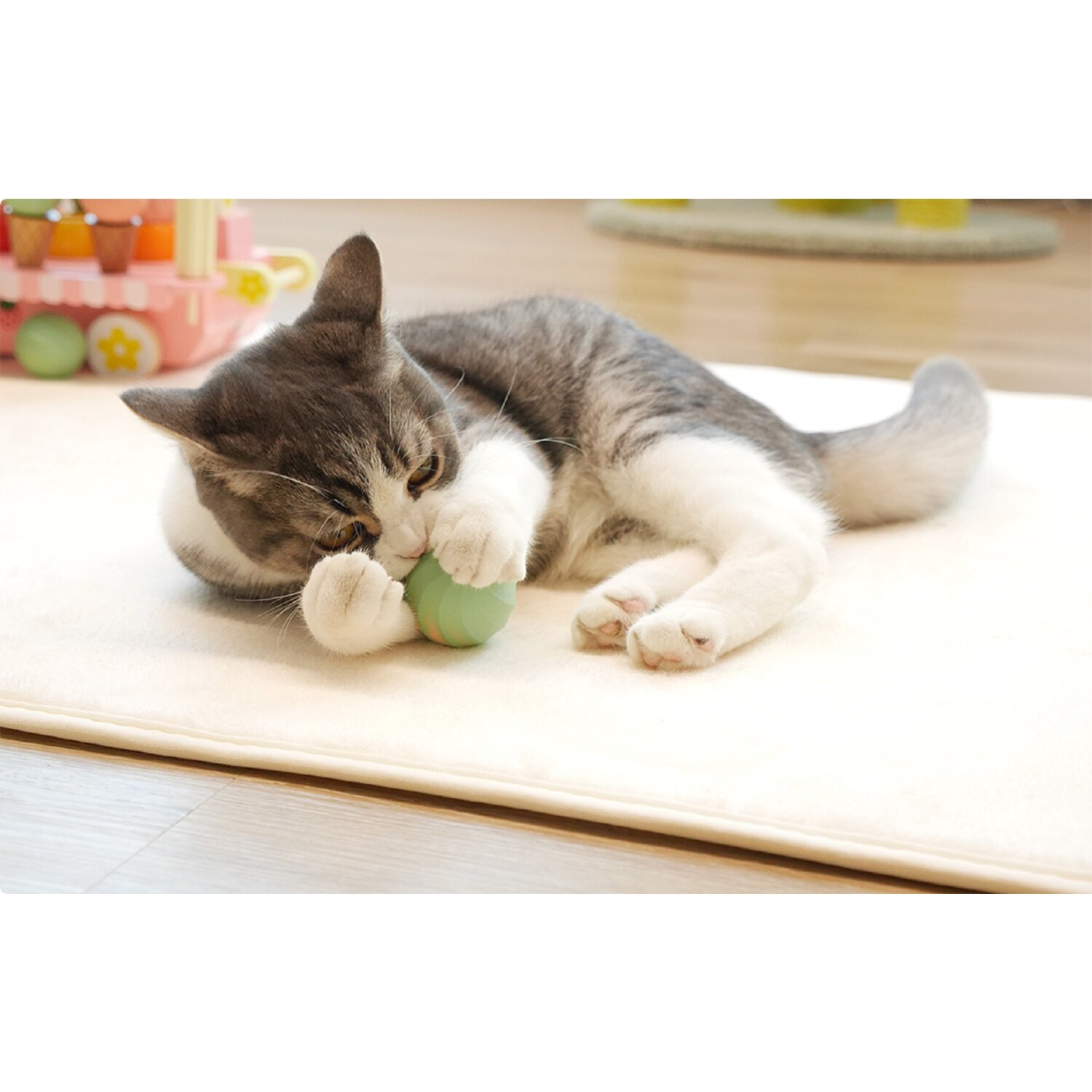 Eine Katze, die auf einer weißen Matte liegt, spielt mit einem grünen Ball, die Pfoten ausgestreckt. Der Hintergrund ist unscharf.