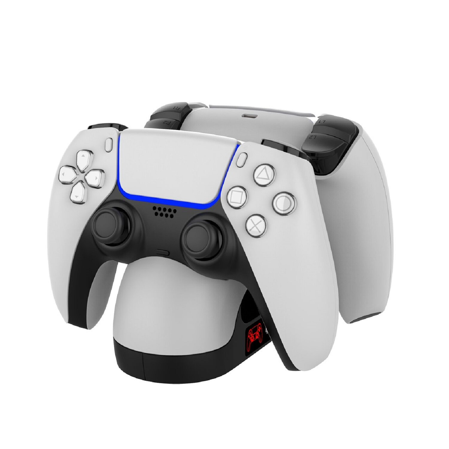 Weiß-schwarze Gamecontroller auf einer Ladestation. Graue Basis. Knöpfe sind sichtbar.