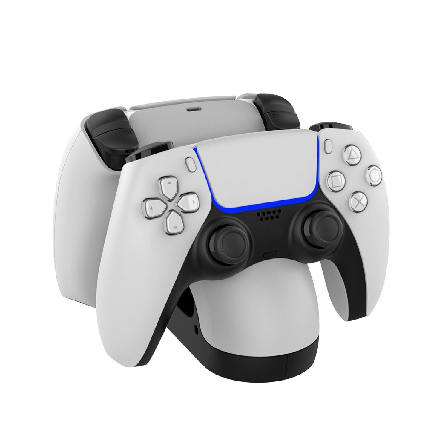 Weißer und schwarzer PlayStation 5-Controller auf einer Ladestation. Blaues Licht vorne.