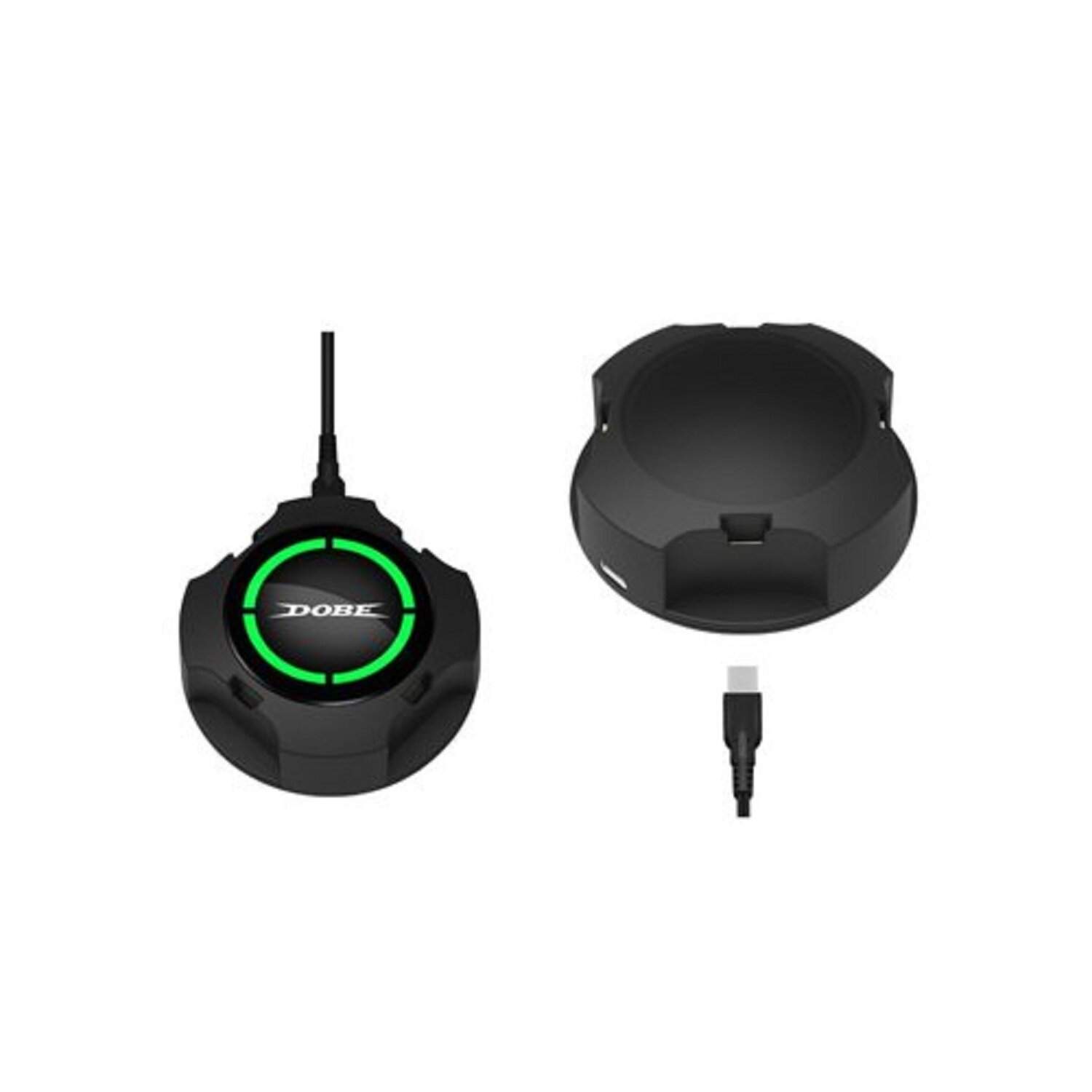 Zwei schwarze Ladestationen für Spielcontroller. Einer hat einen grün leuchtenden Ring.