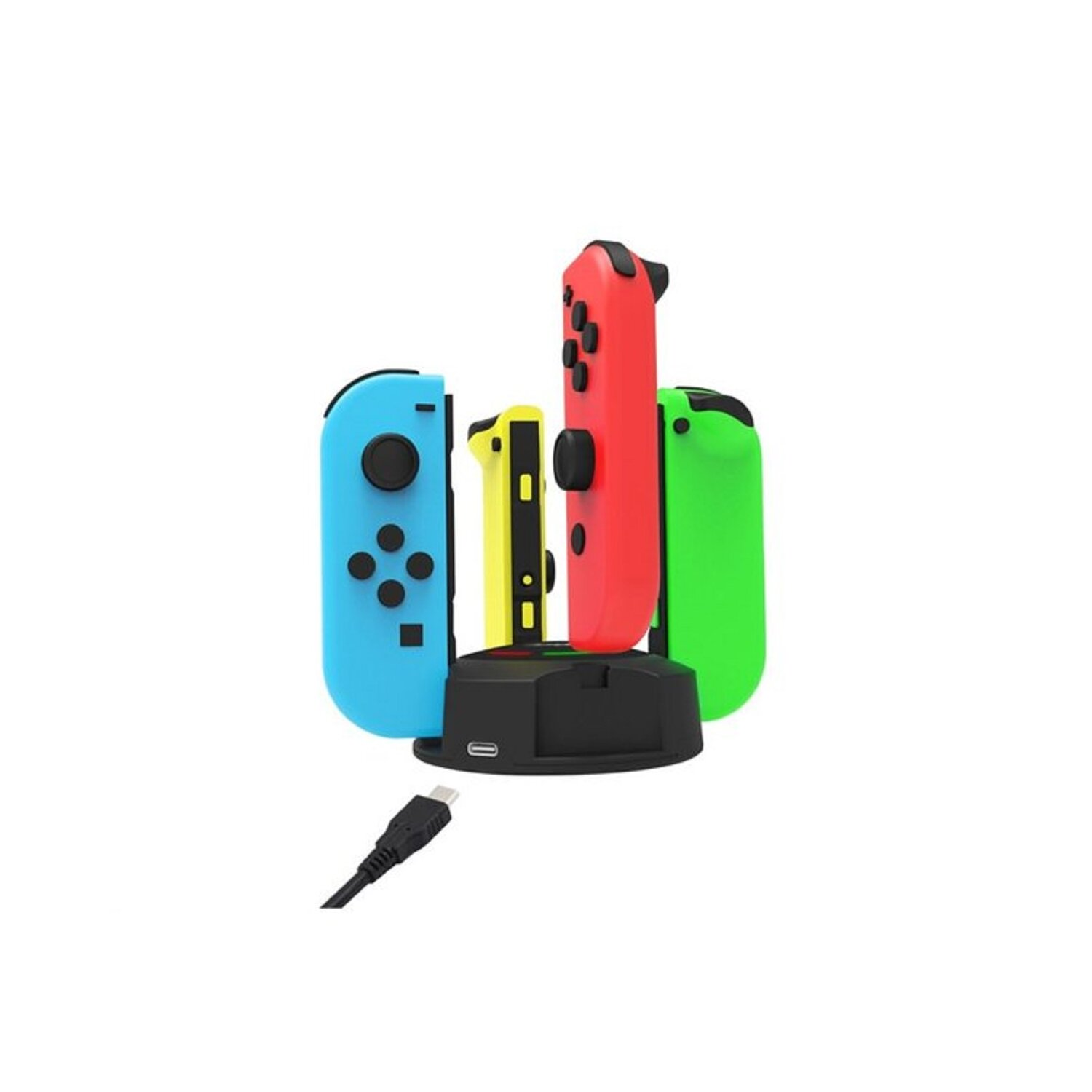 Ladestation mit vier bunten Spielecontrollern. Jeder Controller hat Knöpfe.