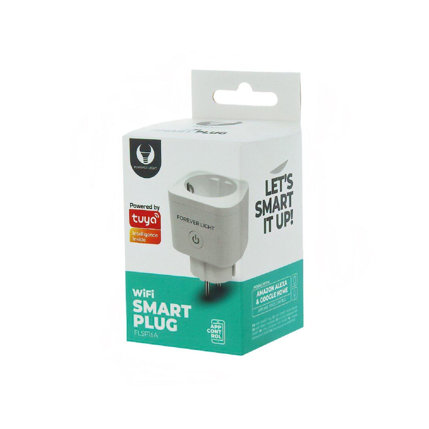 Weißer und grauer Smart Plug in einer Box, mit Text 'Let's Smart it Up!'.