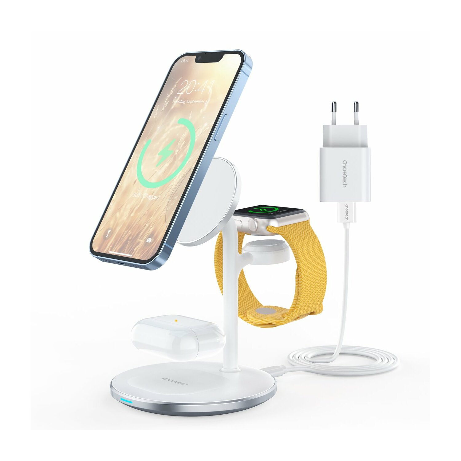 Ladestation mit Telefon, Uhr und AirPods. Weißer Ständer, weißes Ladegerät, weißer Hintergrund.