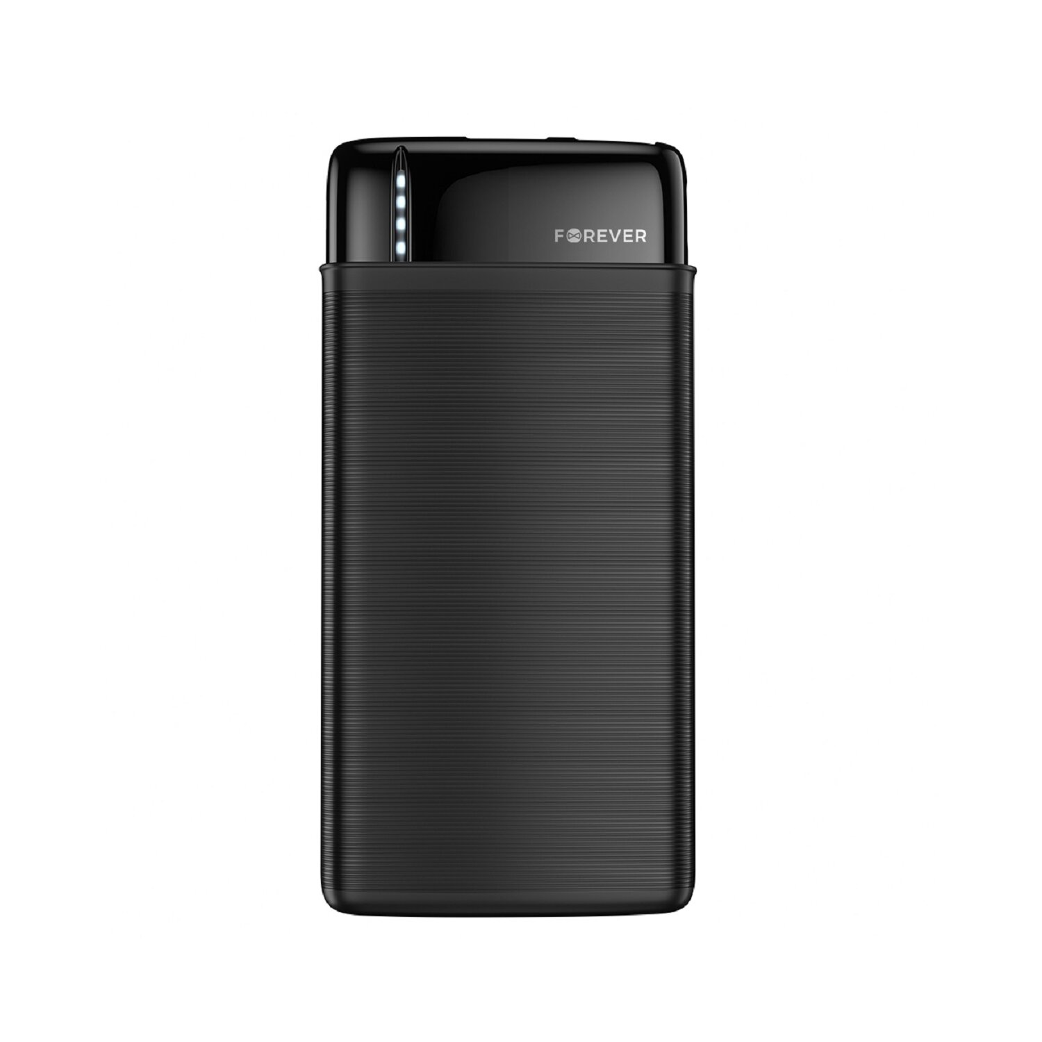 Schwarze Powerbank mit schlankem Design und dem Wort 'FOREVER' oben gedruckt.