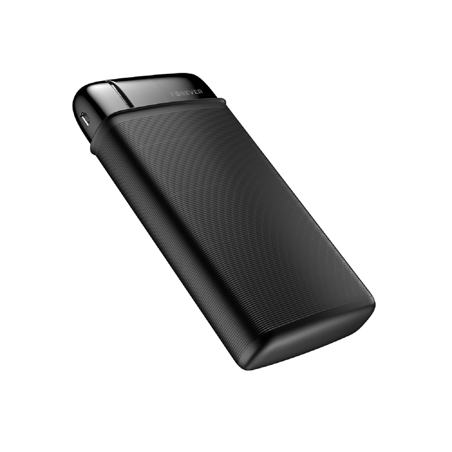 Eine schwarze, rechteckige Powerbank mit dem Wort 'FOREVER' darauf, isoliert auf Weiß.