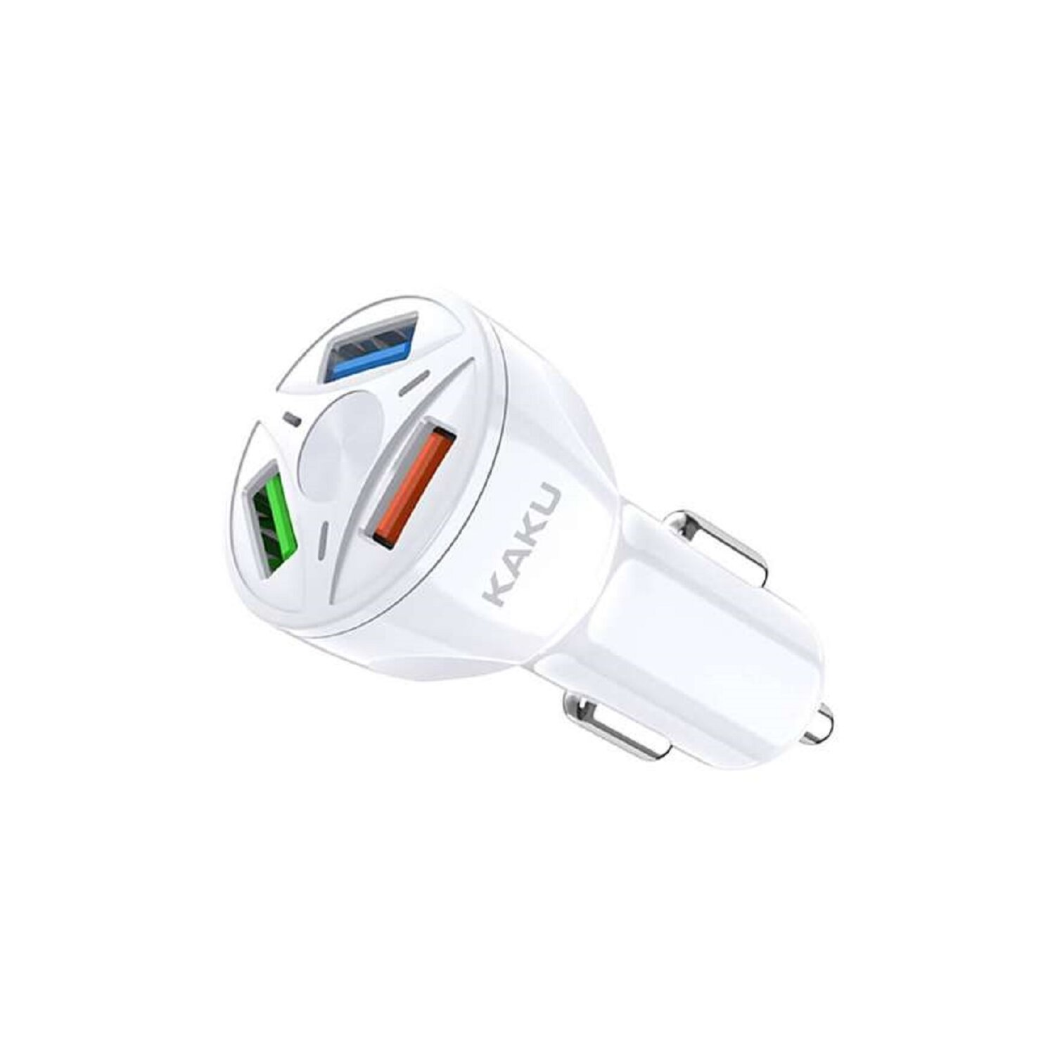 Weißes Autoladegerät mit drei USB-Anschlüssen und einem KAKU-Logo, vor weißem Hintergrund.