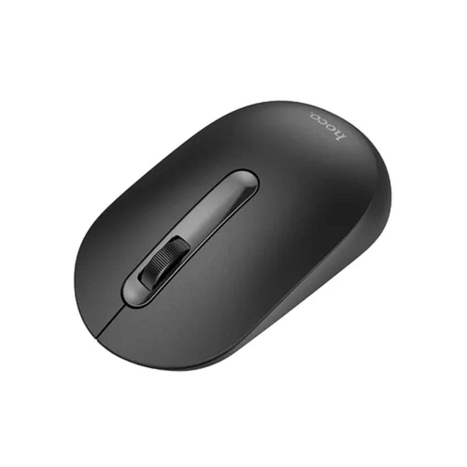 Ratón inalámbrico negro con rueda de desplazamiento. El ratón está sobre una superficie blanca.