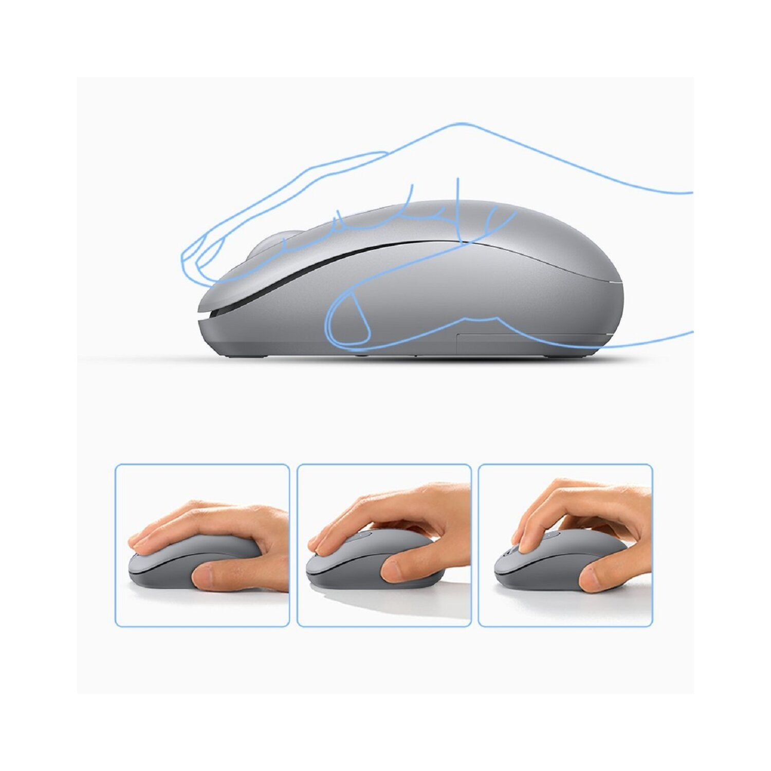Graue kabellose Maus mit Handumriss oben und mehreren Handpositionen unten.