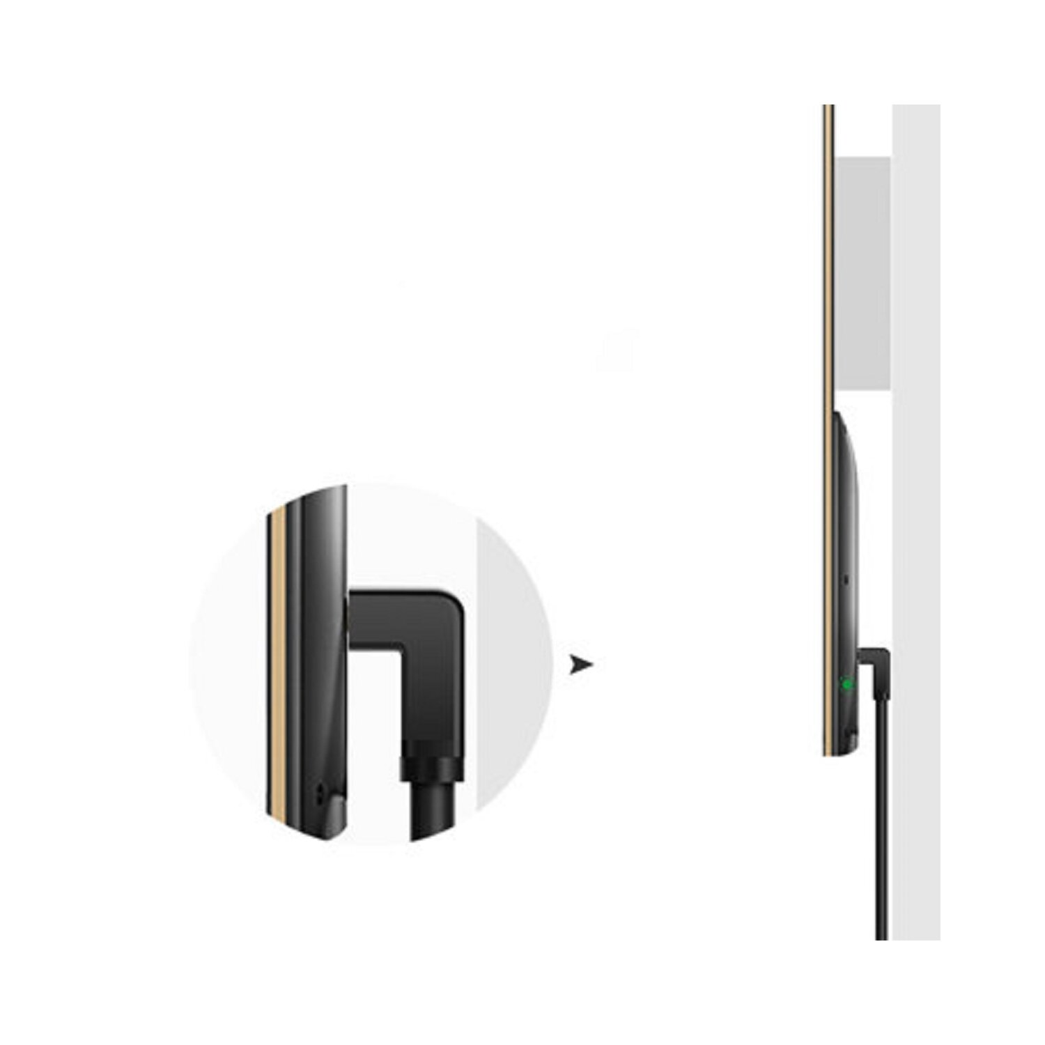 Fernseher an der Wand montiert. Nahaufnahme der Montagehardware und des TV-Profils.