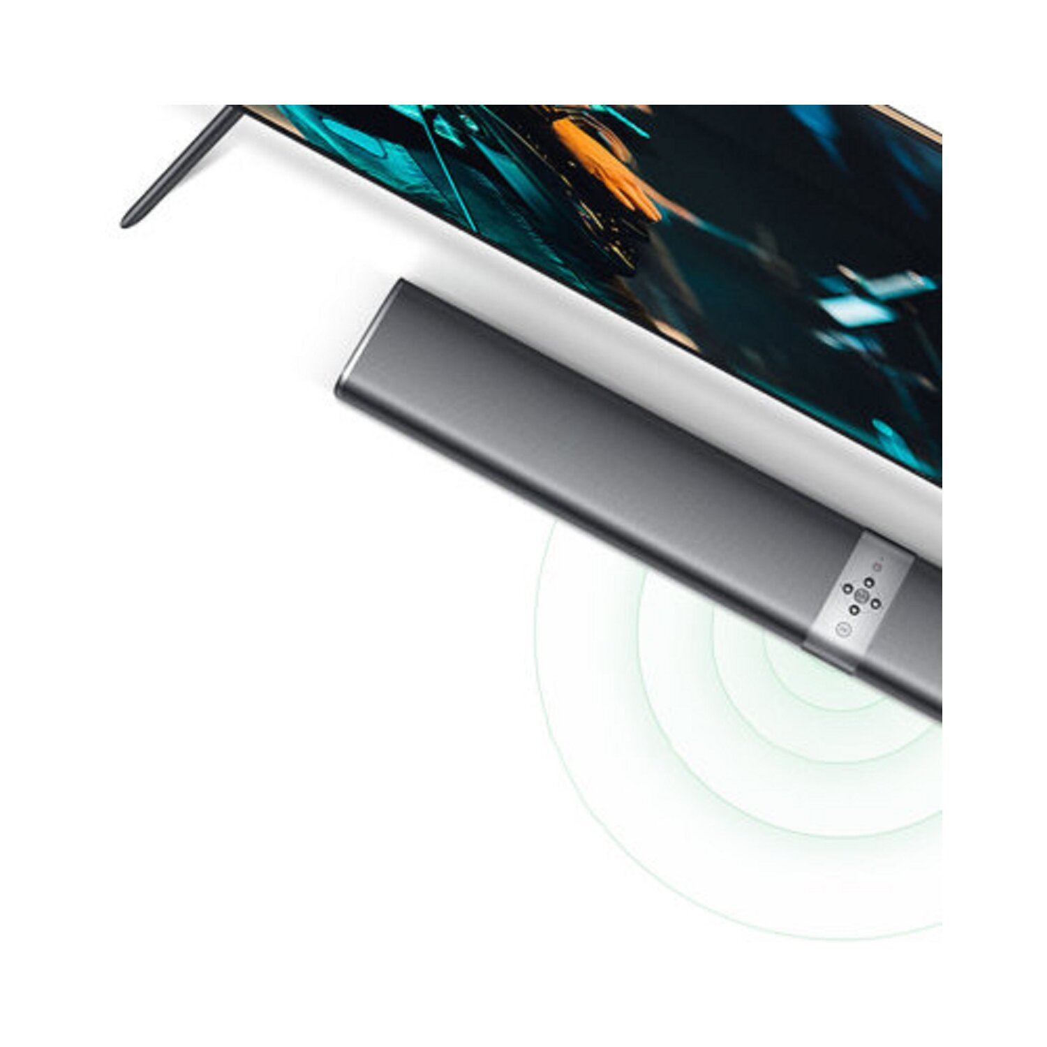 Ein Fernseher und eine Soundbar auf weißem Hintergrund.