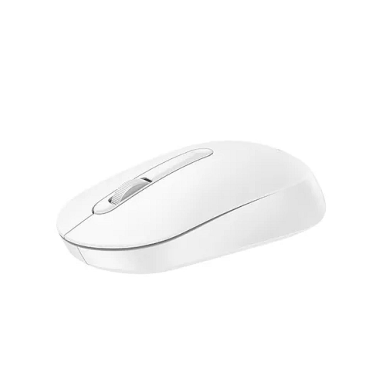 Ratón de computadora blanco con rueda de desplazamiento, sobre fondo blanco, diseño elegante.
