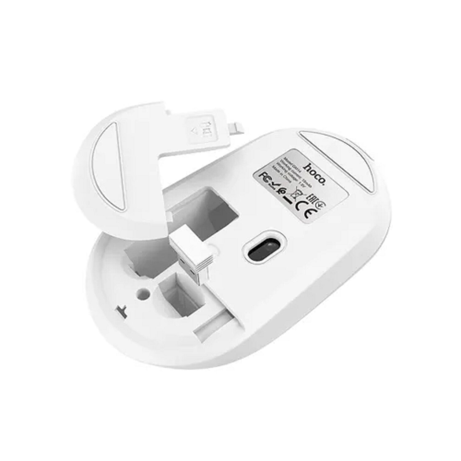 Ratón inalámbrico blanco con compartimento de batería abierto.