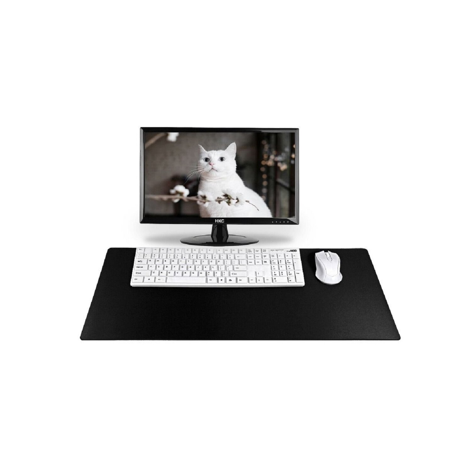 Ein Computer-Setup mit einem Monitor, der ein Katzenbild zeigt, Tastatur und Maus.