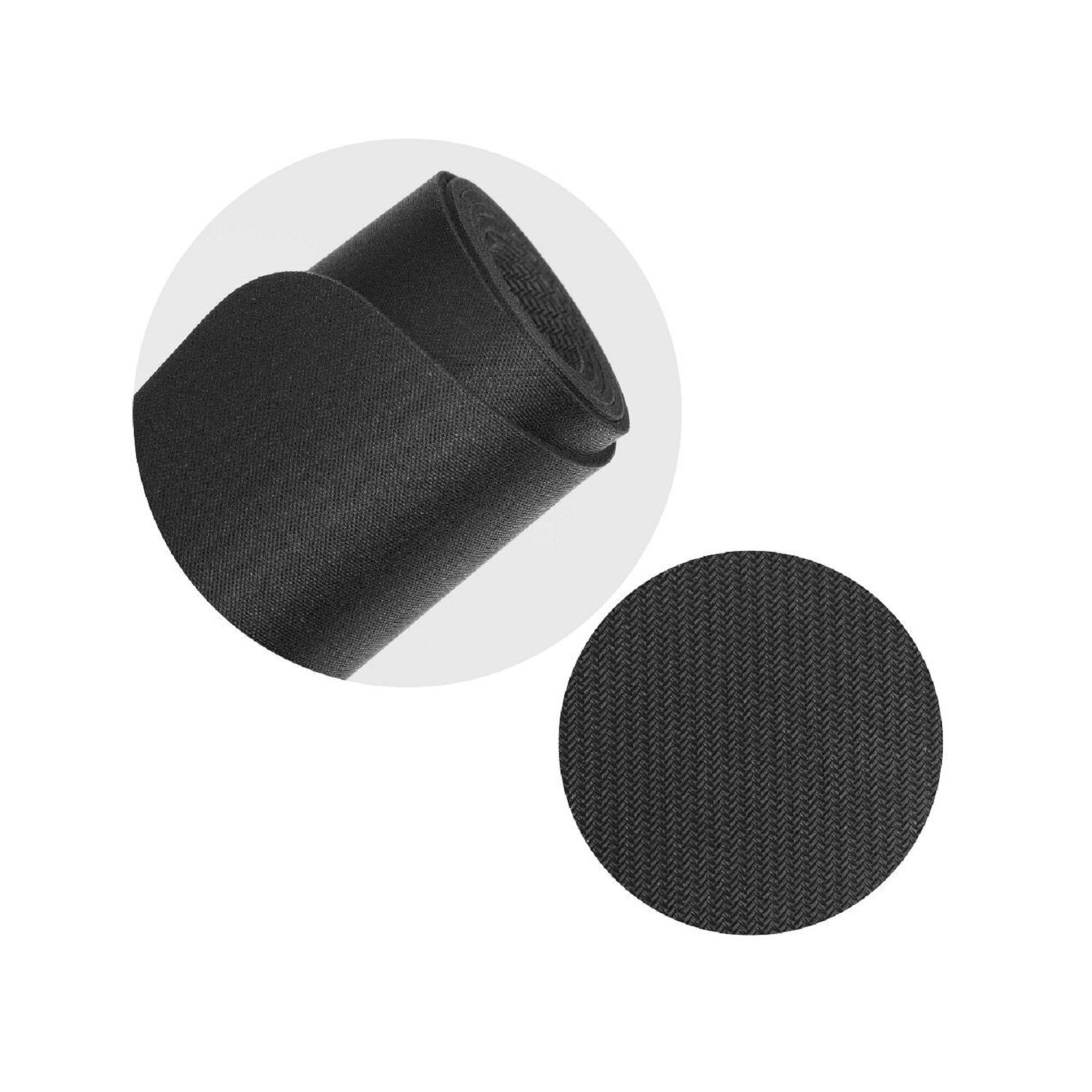 Schwarzes Mauspad mit kreisförmigem Detail rechts unten und einem aufgerollten Teil.