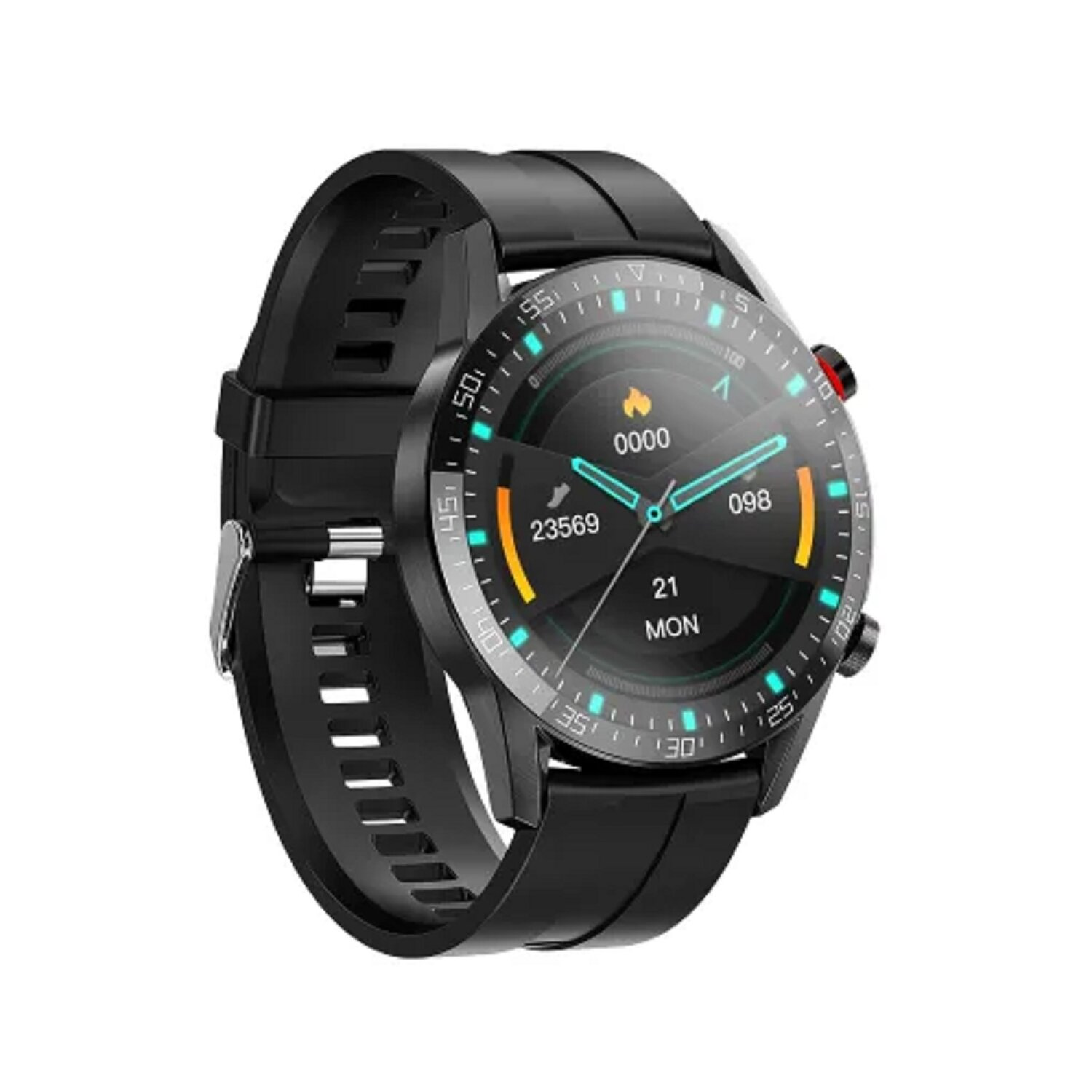 Schwarze Smartwatch mit digitaler Oberfläche, schwarzem Armband und Lünette.
