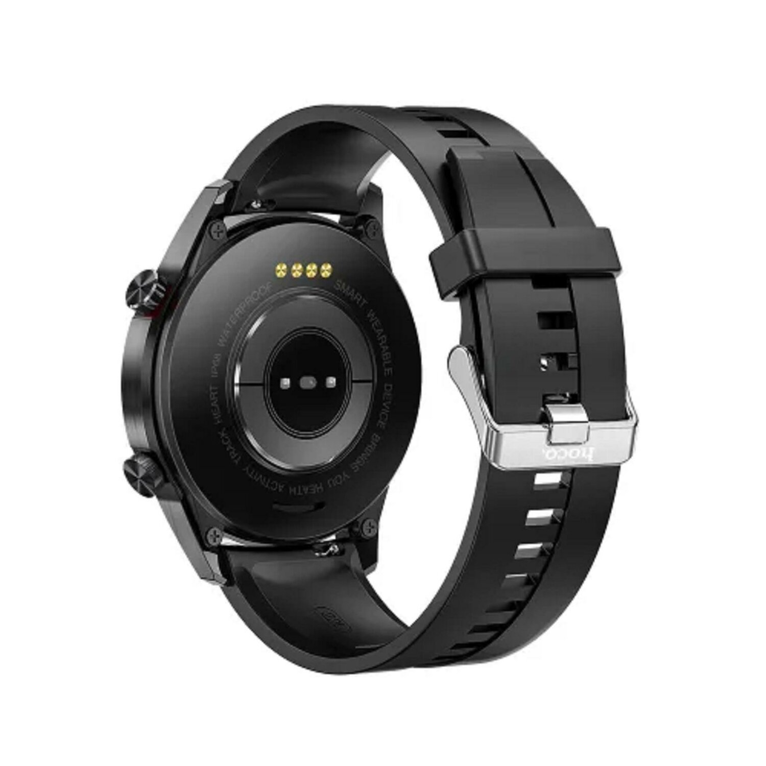 Eine schwarze Smartwatch mit schwarzem Armband. Zeigt die Rückseite und das Armband ist offen.