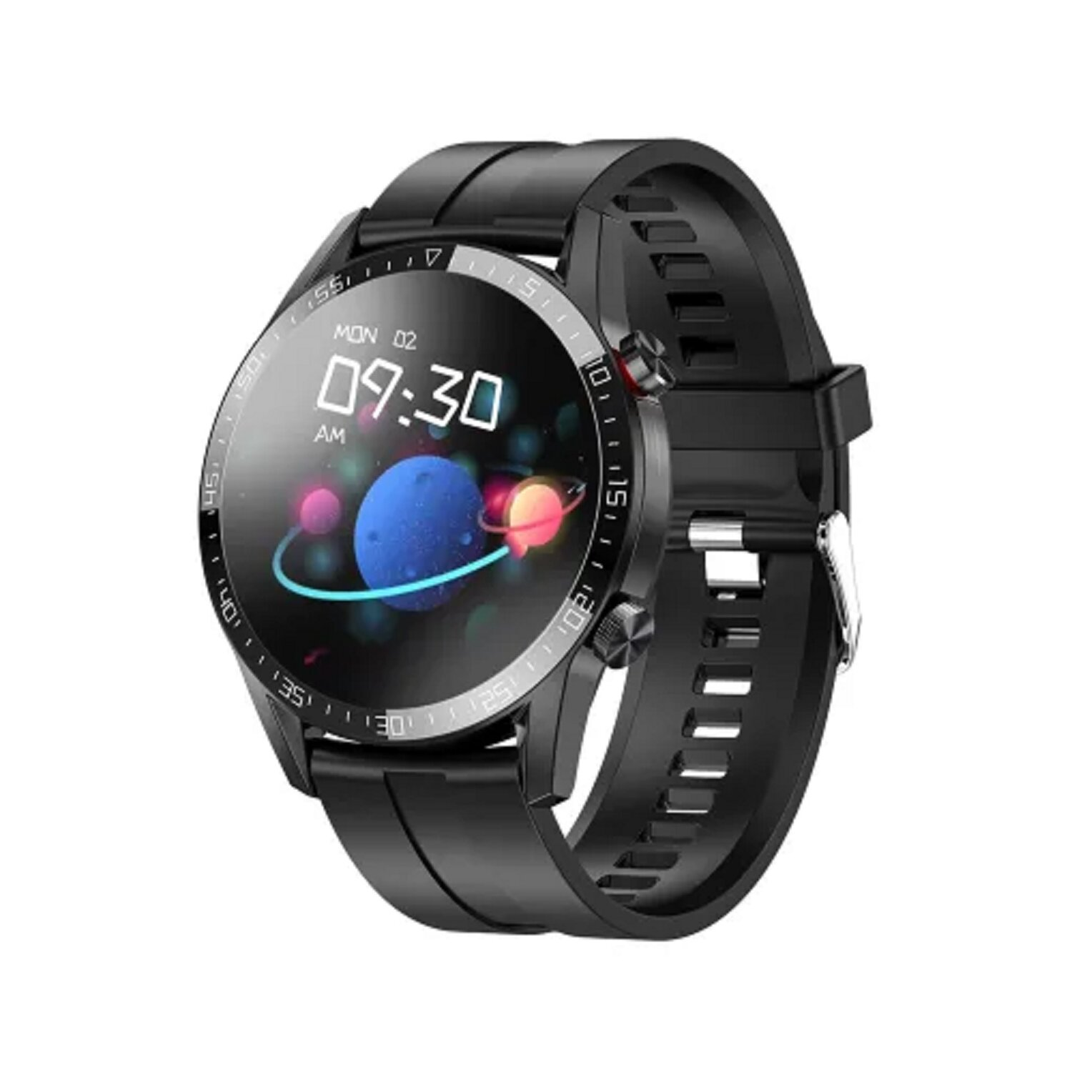Schwarze Smartwatch auf weißer Oberfläche. Mit rundem Display, das Zeit und Grafiken zeigt.