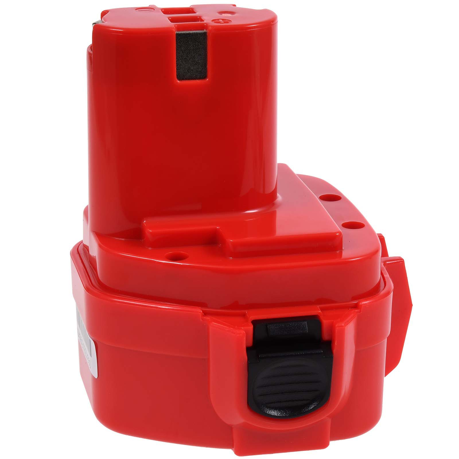 Eine rote Batterie mit schwarzem Verschluss auf weißem Hintergrund.